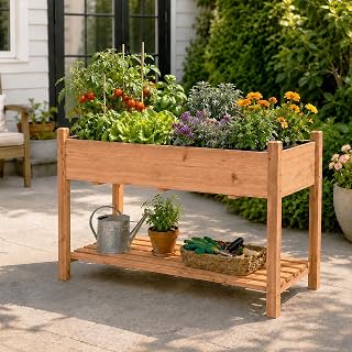 Raised Garden Beds Outdoor with Storage Shelf Fir Wood Planter Raised Beds | 50"W Planters for Outdoor Plants for Vegetables, Herbs, Flowers