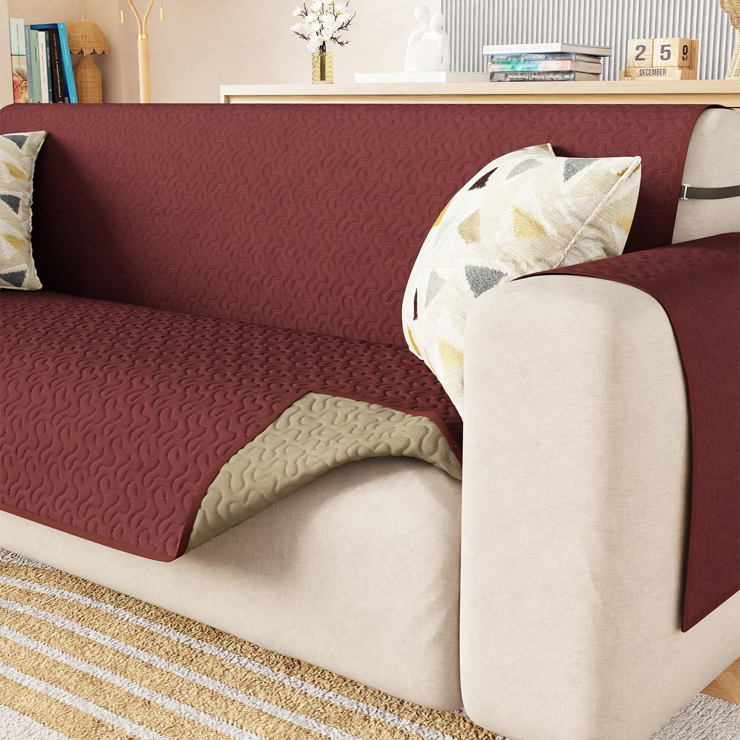 Lukzer 4 Seater Quilted Stipple Maroon Sofa Cover Mat with Storage Side Pocket | 350 GSM Polyester Blend Full Coverage with Arms & Back Belt | Machine Washable Sofa Runner (210-220CM/SC-209-04)-image-10