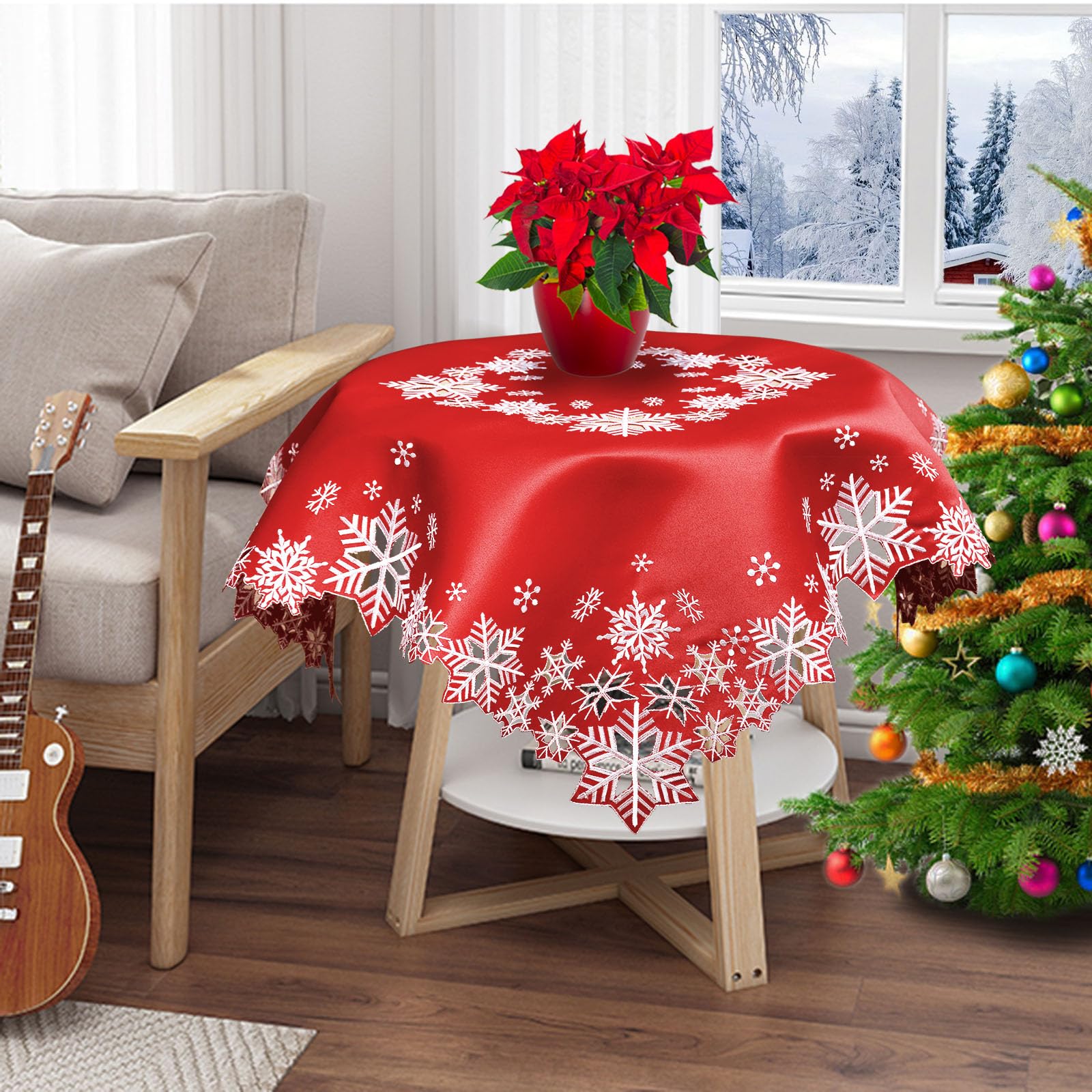 Simhomsen Embroidered Small Square Snowflakes Tablecloths Toppers for Christmas Holiday and Winter (Red, Square 34 inch) - Image 2