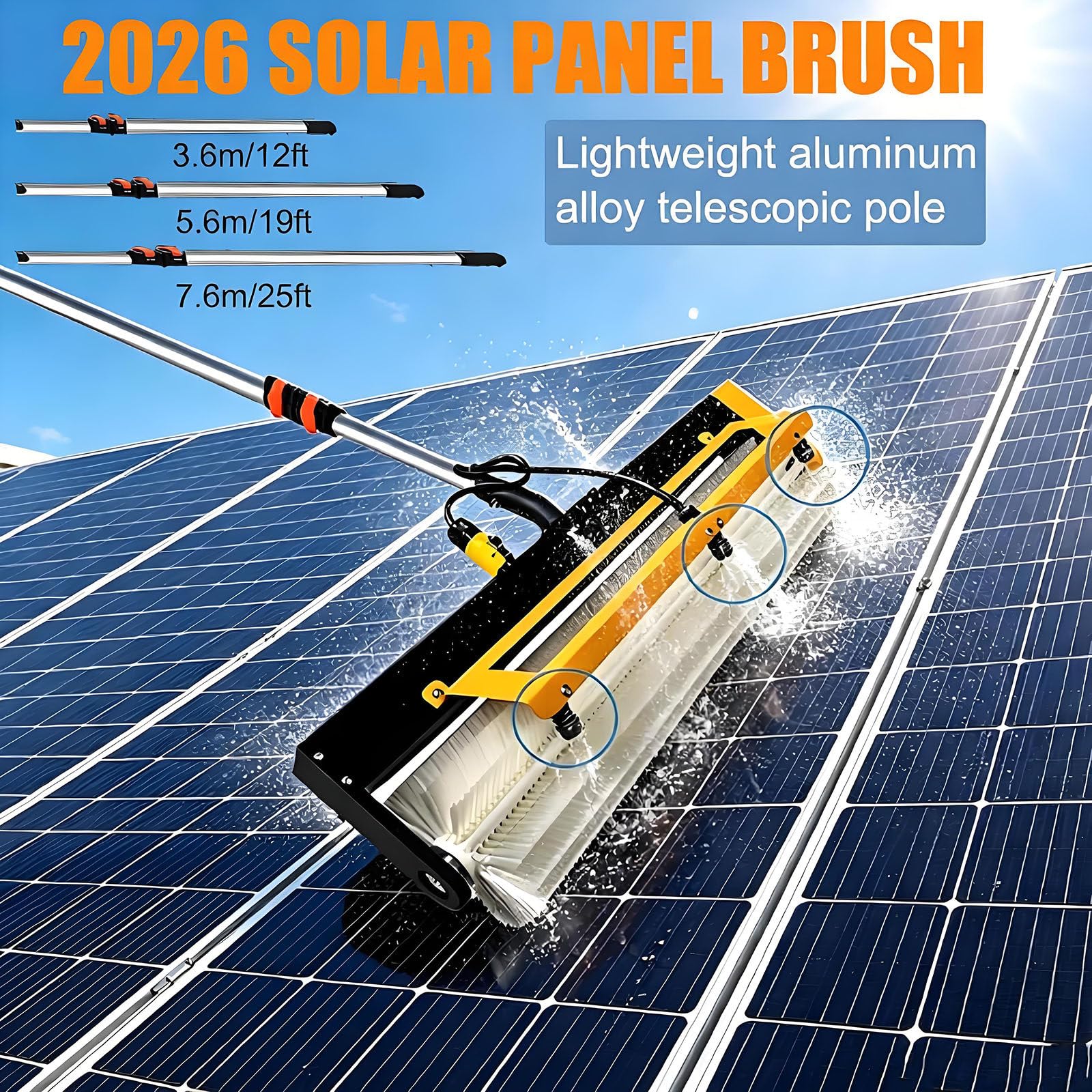 Nuevo Limpiador eléctrico de Paneles solares con pértiga Extensible de 3,6/5,6/7,6 m, Cepillo de Limpieza eléctrico Ligero y Cepillo Giratorio de 360° para Ventanas de caravanas Cordless-3.6M
