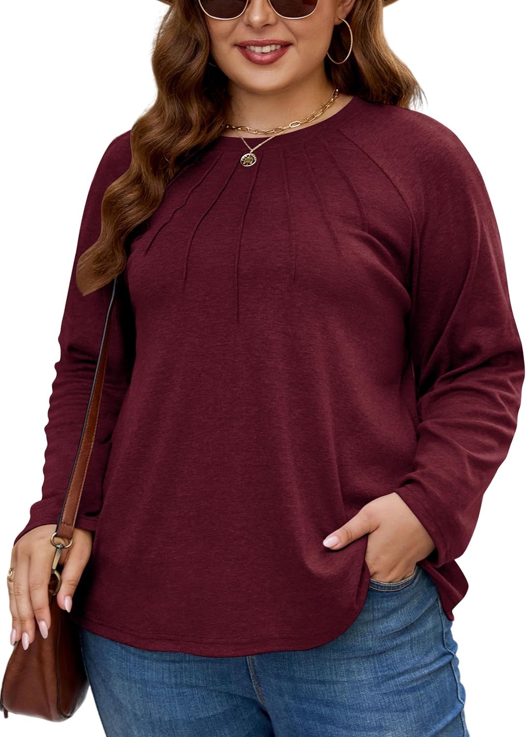 XAKALAKA Long Sleeve Shirts For Women Plus Size Crew Neck Pleated Tunic Tops Dressy Casual T Shirts Fall Clothes
