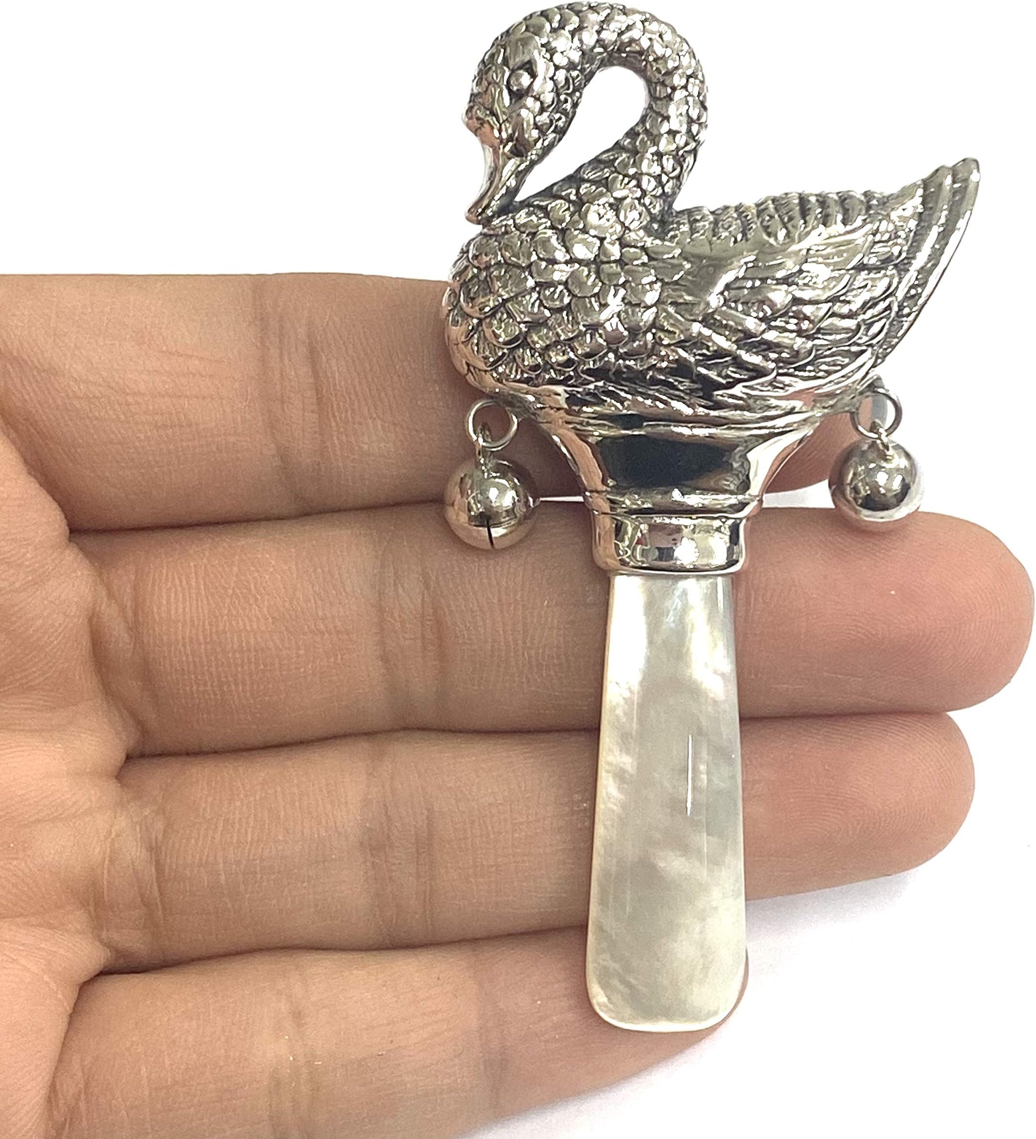 Victorian Style Beautiful Swan Baby Rattle with Mother of pearl Handle