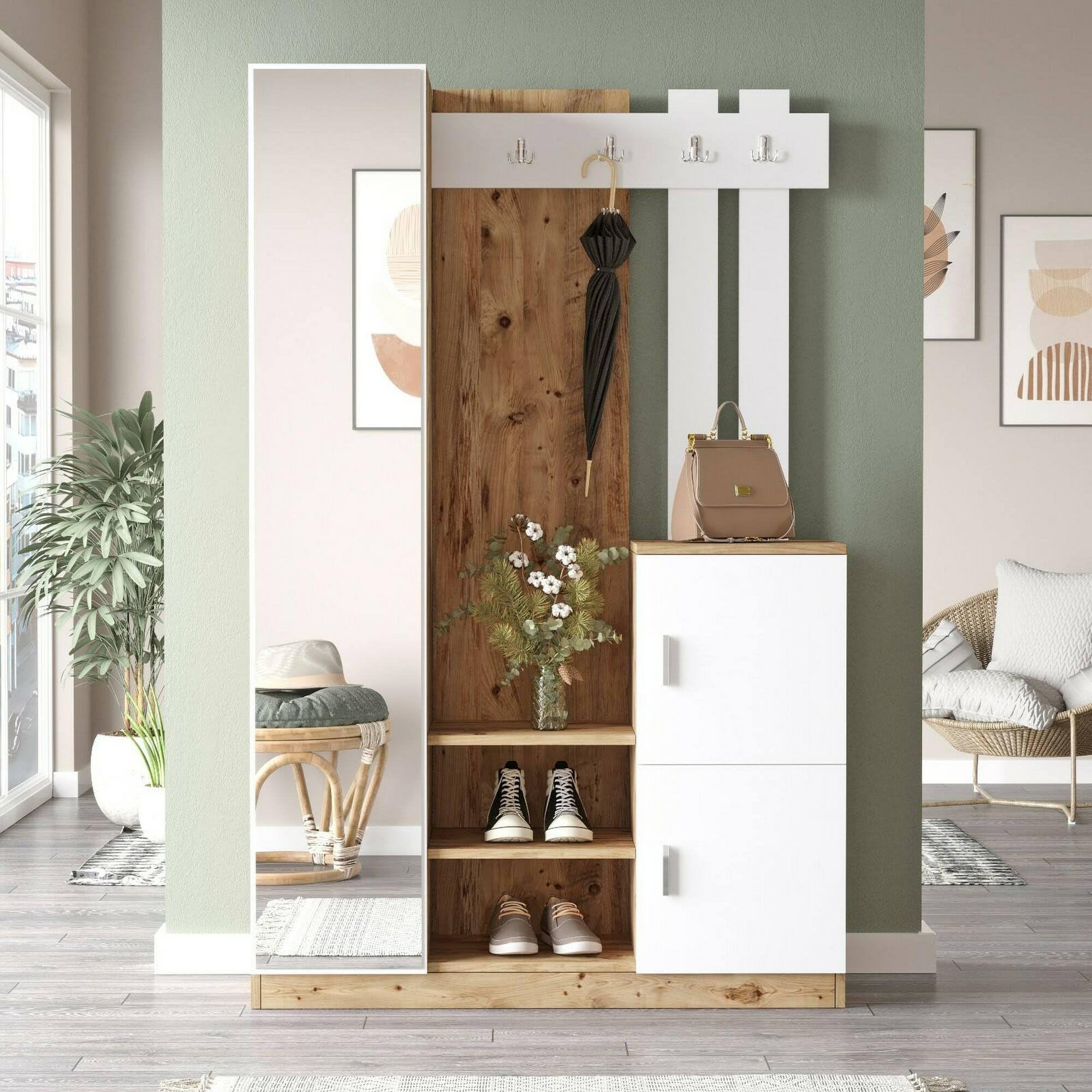 Dmora Mobile da Ingresso Australis, Entratina Appendiabiti, Composizione per atrio, Consolle portaoggetti Multifunzione, 114x38h180 cm, Quercia e Bianco