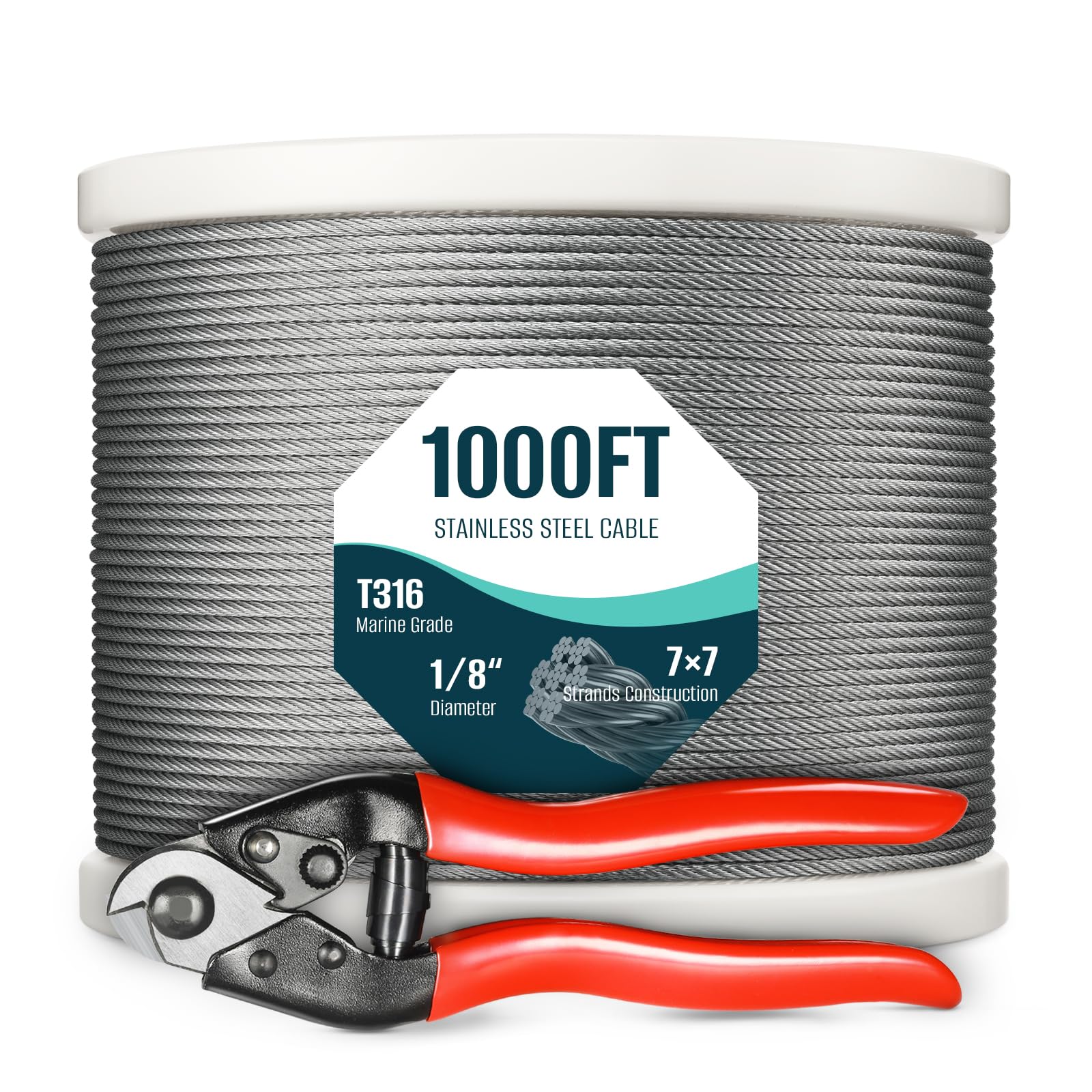 1/8" T316 Stainless Steel Cable 1000FT, Stainless Steel Wire Rope with a Cutter, 7 X 7 Strands Construction Aircraft Cable for Deck Cable Railing Hardware Kit, DIY Balustrades