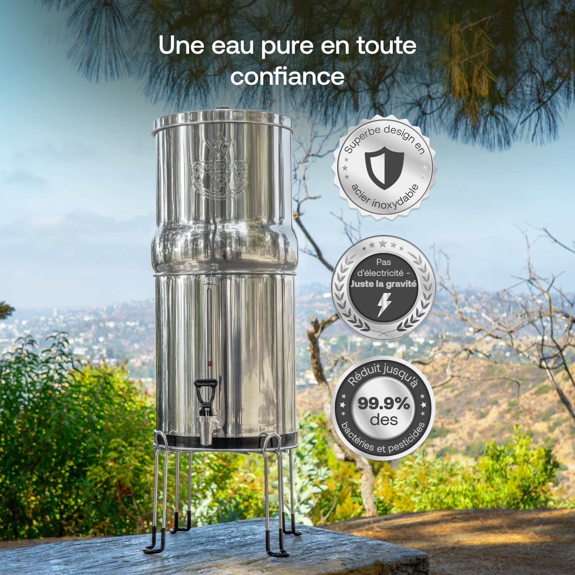 Weeplow® Earth - Système de Filtration d'Eau par Gravité 8,5 Litres AISI 304 avec 2 Eléments de Purification O'Pure 2, Robinet avec Niveau d'Eau et Support Inox Offert