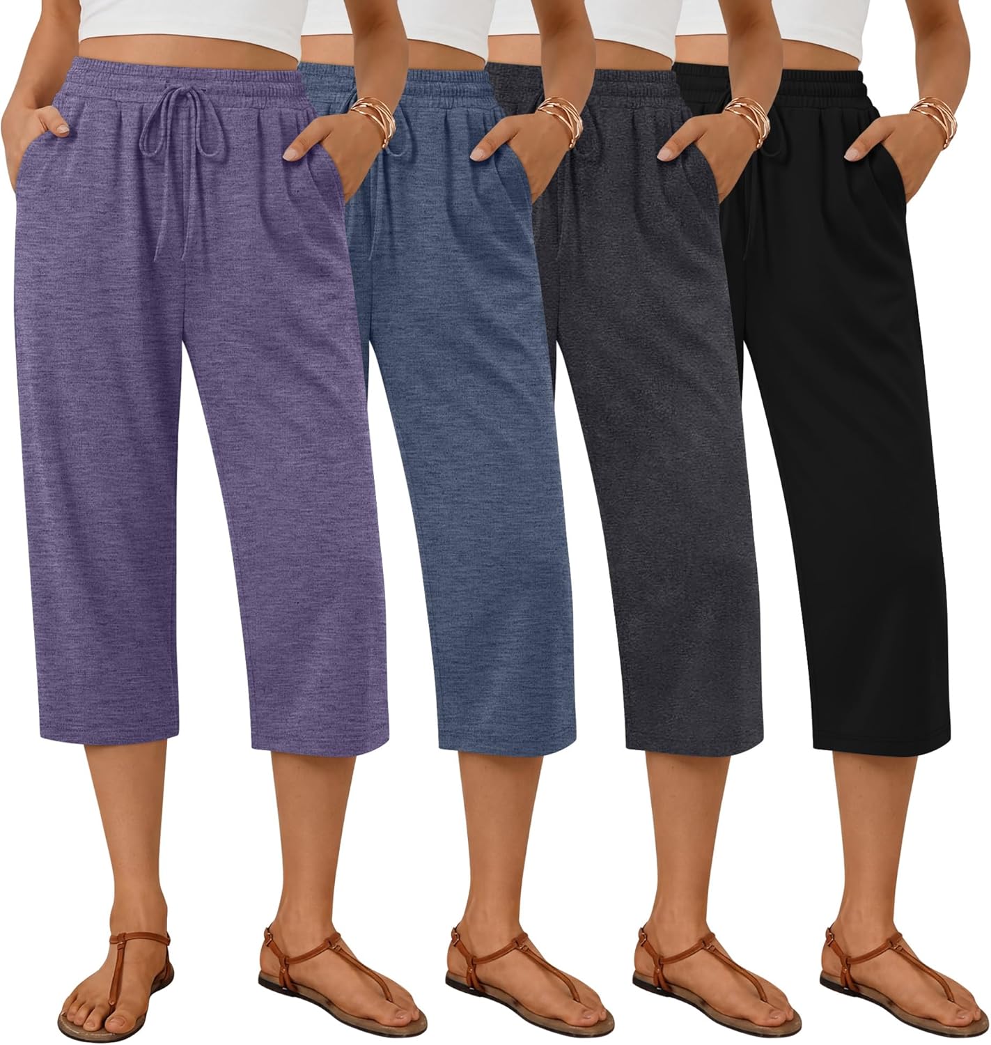Neer 4 Pack Women's Capri Pants Wide Leg Yoga Capri Sweatpants Drawstring Summer Lounge Loose Fit Cropped Pants with Pockets