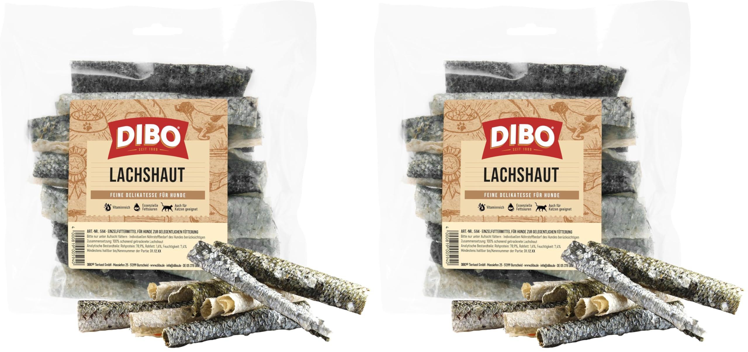 DIBO Lachshaut, 50g-Beutel, der kleine Snack oder Leckerli für Zwischendurch, Hundefutter (Packung mit 2)