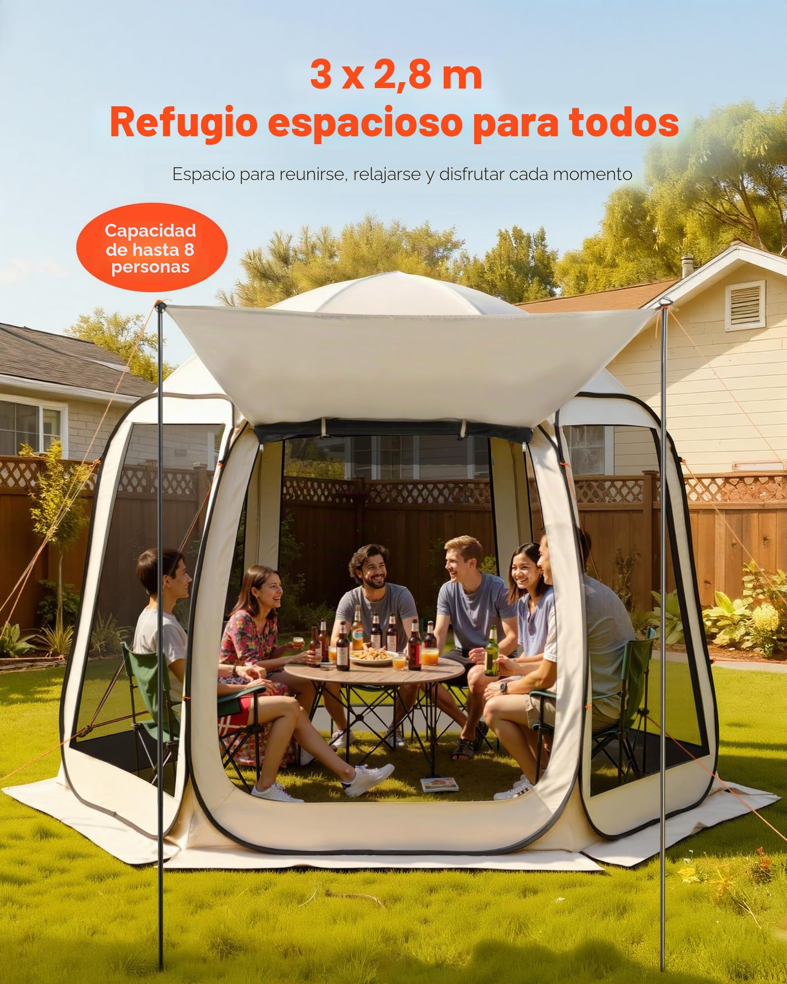 VEVOR Carpa Plegable Portátil con Mosquitera, 3030 x 2650 x 2300 mm, para 4-8 Personas, Polígono de 6 Lados, con Toldo Extensible, Bolsa de Transporte, Laterales de Malla, para Patios, Beige