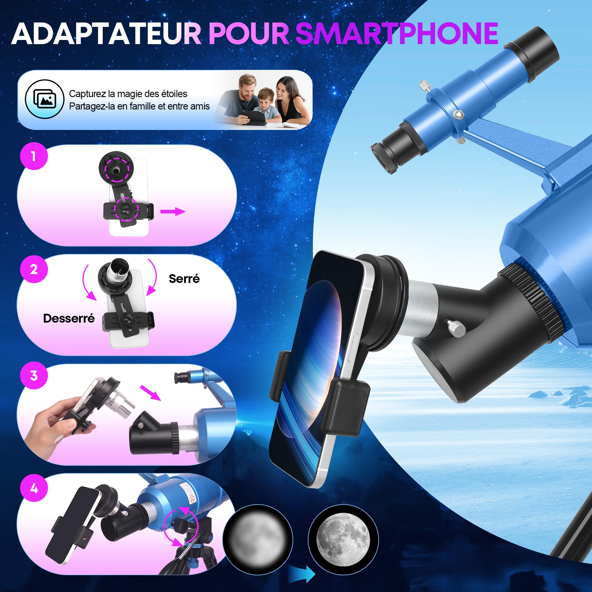 UncleHu Télescope 90/550mm pour Adultes et Enfants avec Tabouret Pliant | Optique FMC, 22–165×, Télescope Réfracteur Astronomique avec Trépied&Adaptateur Smartphone&Sac, Observation Terrestre&Lunaire