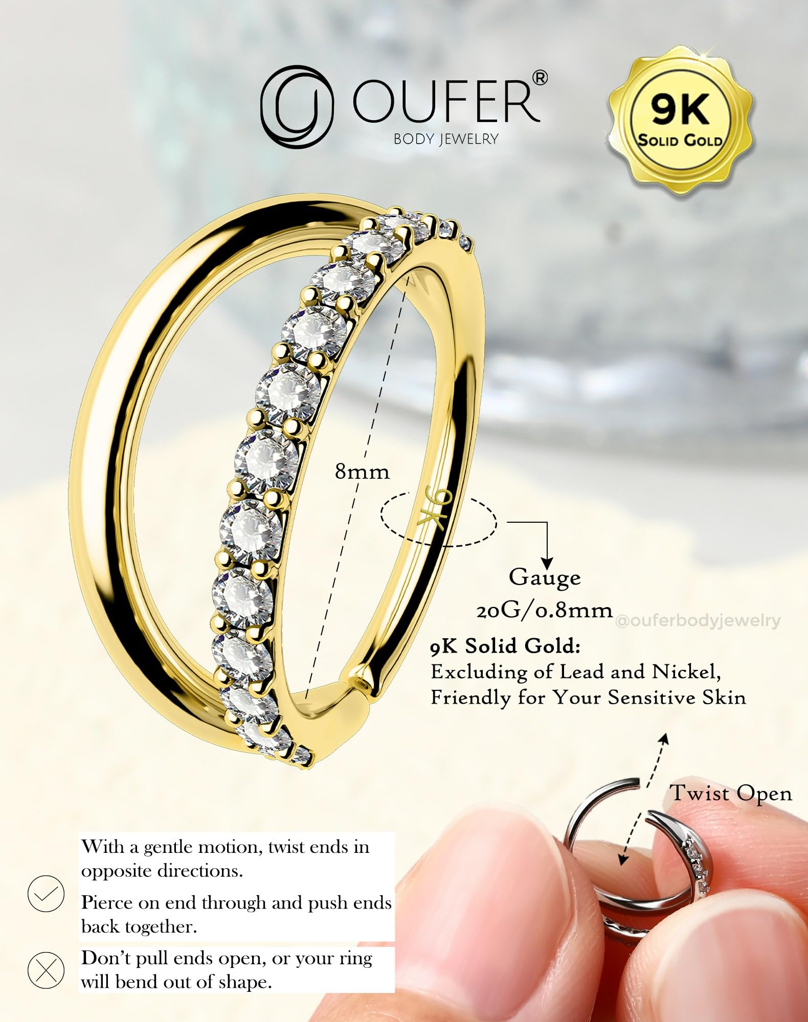 OUFER 20G 9KT Gold Nasenpiercing Klar CZ 8 mm Double Line Nostril Piercing Ring Knorpel Ohrpiercing Seamless Open Helix Lobe Piercing