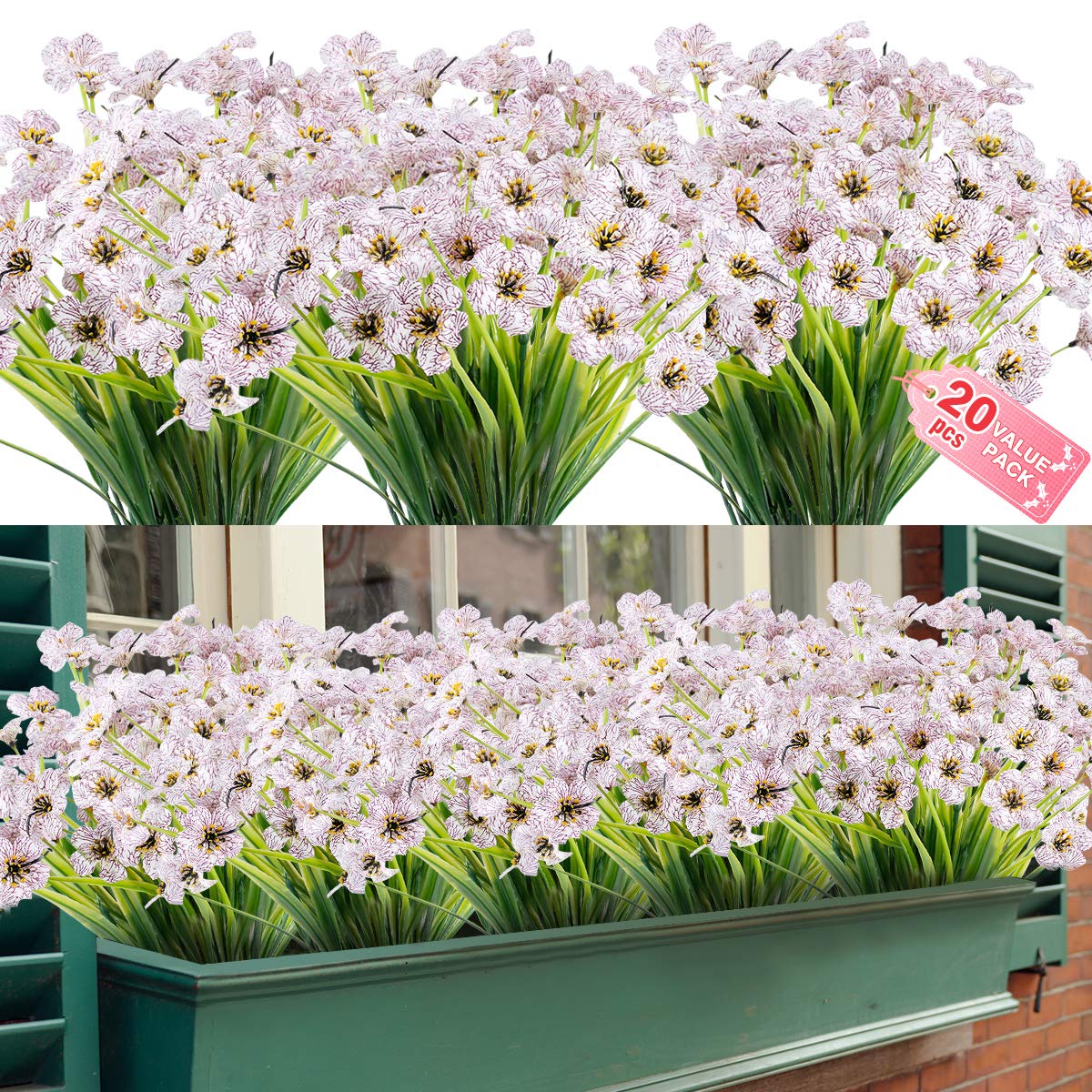 ZEOSTARO 20 Bundles Artificial Outdoor Flowers UV Resistant Fake Flowers No Fade Faux Plastic Greenery Shrubs Garden Porch Window Box Decorating(White)