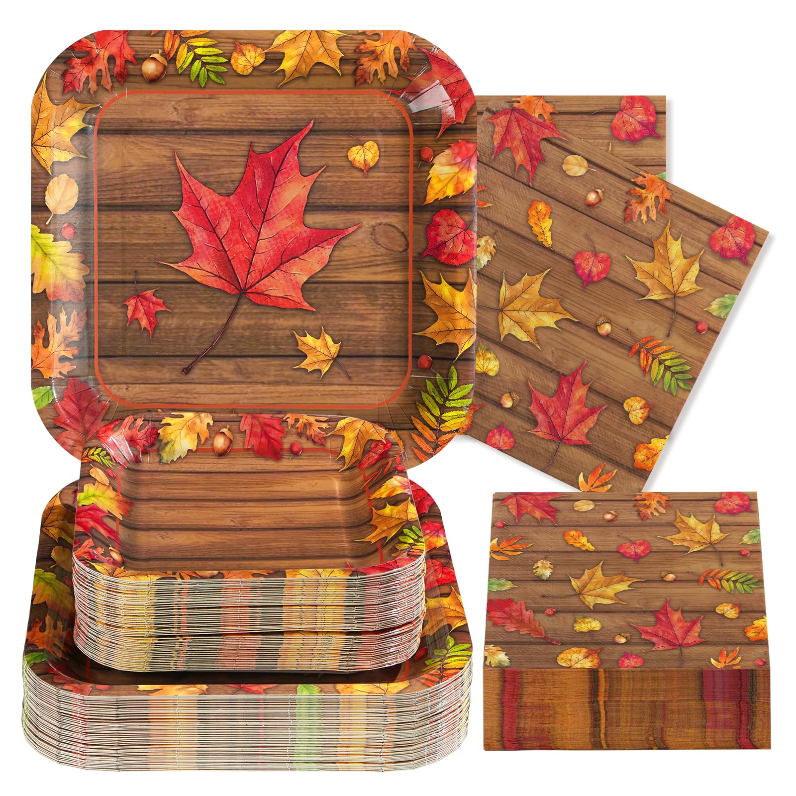 200Pcs Fall Party Decorations Watercolor Autumn Maple Leaves Paper Plates and Napkins Thanksgiving Wooden Grain Tableware Sets for Holiday Harvest Birthday Wedding Dinner Party Supplies Serves 50