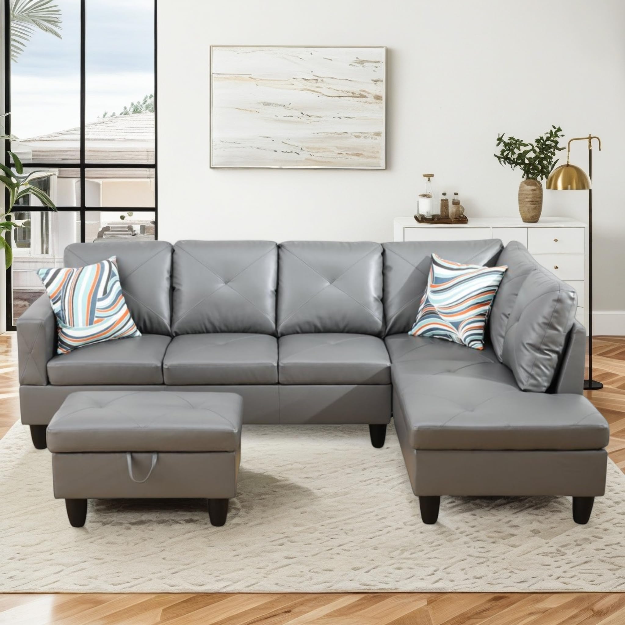 Photo 1 of ***** CHECK COMMENTS****. Trygoal 97" Leather L Shaped Couch with Right Chaise & Cup Holder, Sectional Sofas Modular Furniture Set with Storage Ottoman, Convertible Couches for Living Room, Small Space & Office (Grey)