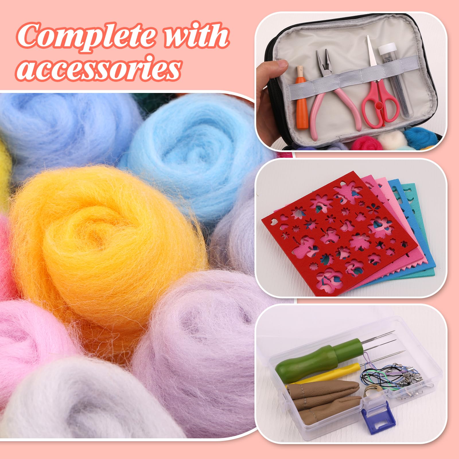 Axmru 215-teiliges Nadelfilz-Set, Wollgarn, 60 Farben, Grundfilz-Werkzeuge und Zubehör, Nadelfilz-Starter-Set, Handwerk mit Schaumstoffmatte, Filzformen und Aufbewahrungsbox für DIY Handwerk
