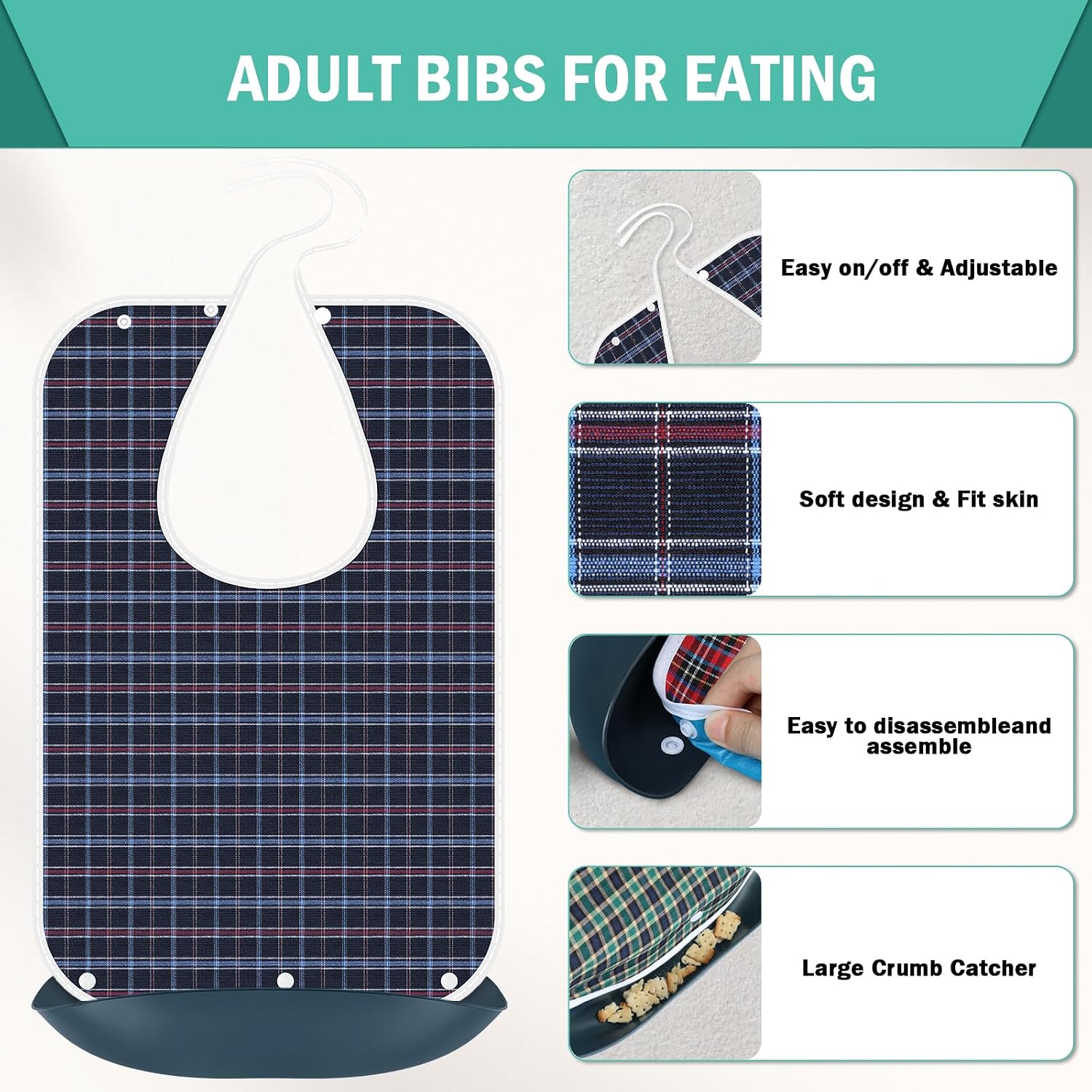 Adult Bibs, Adult Bibs for Women with Tie String, Washable Clothing Protectors Bibs with Crumb Catcher
