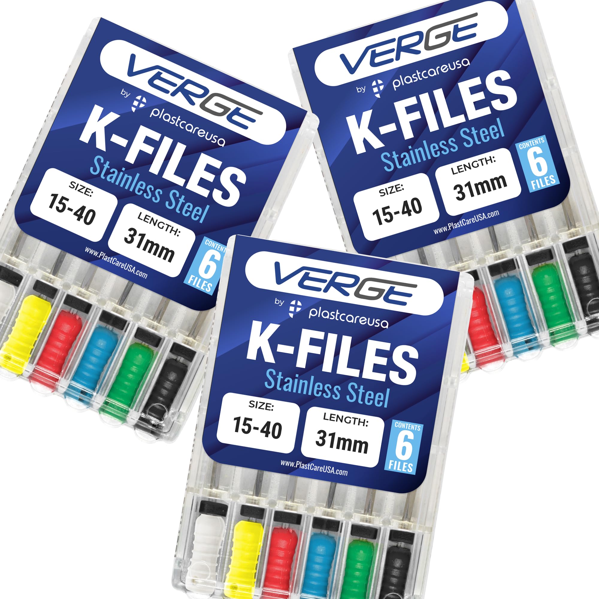 Dental Endodontic 31mm Endo K Files (3 Packs of 6) (18 Total Stainless Steel K-Files) (Assorted #15 - #40)