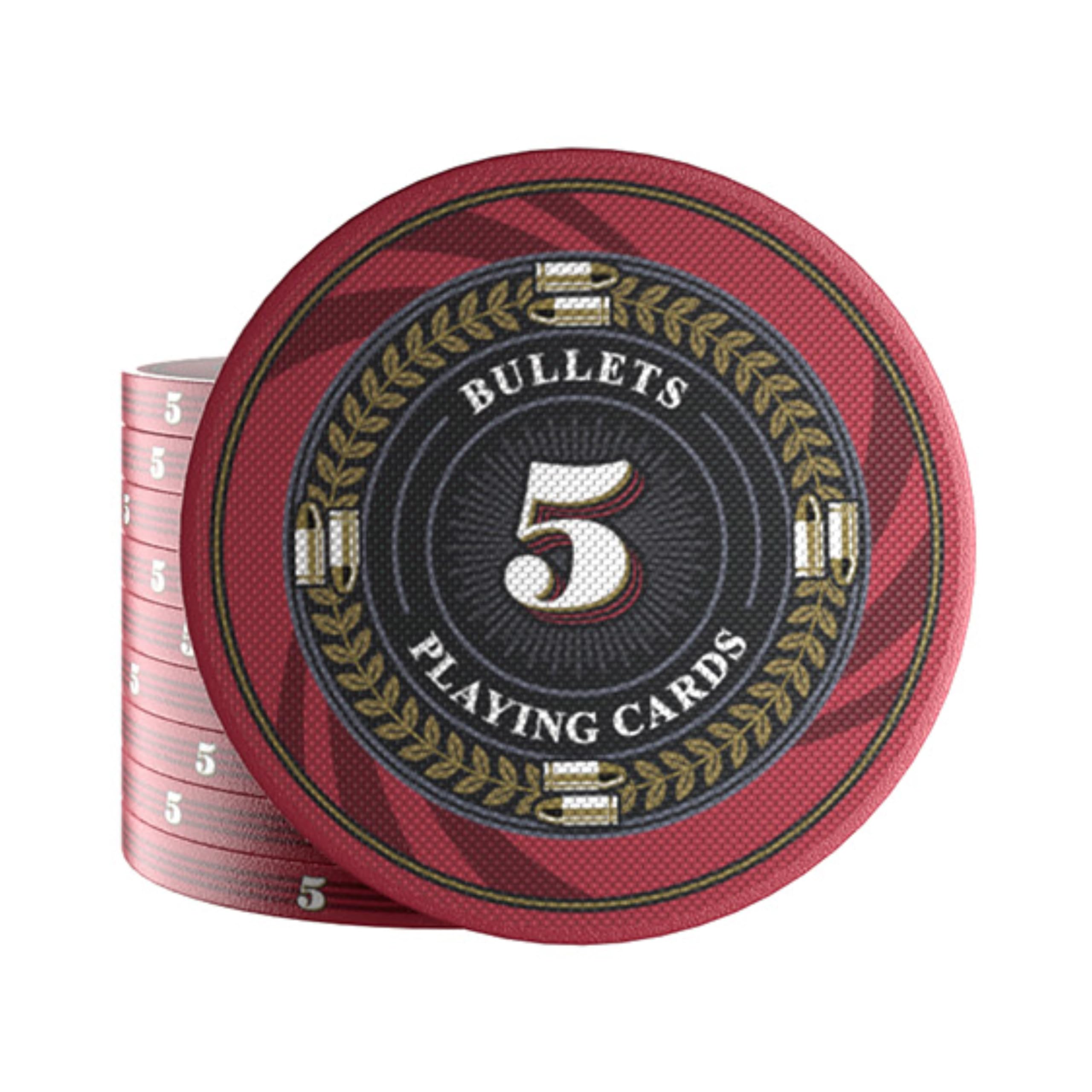Bullets Playing Cards, 25 chip da poker in ceramica Silvio per set da poker, con valori, 10 g, 4 cm di diametro (rosso: 5)