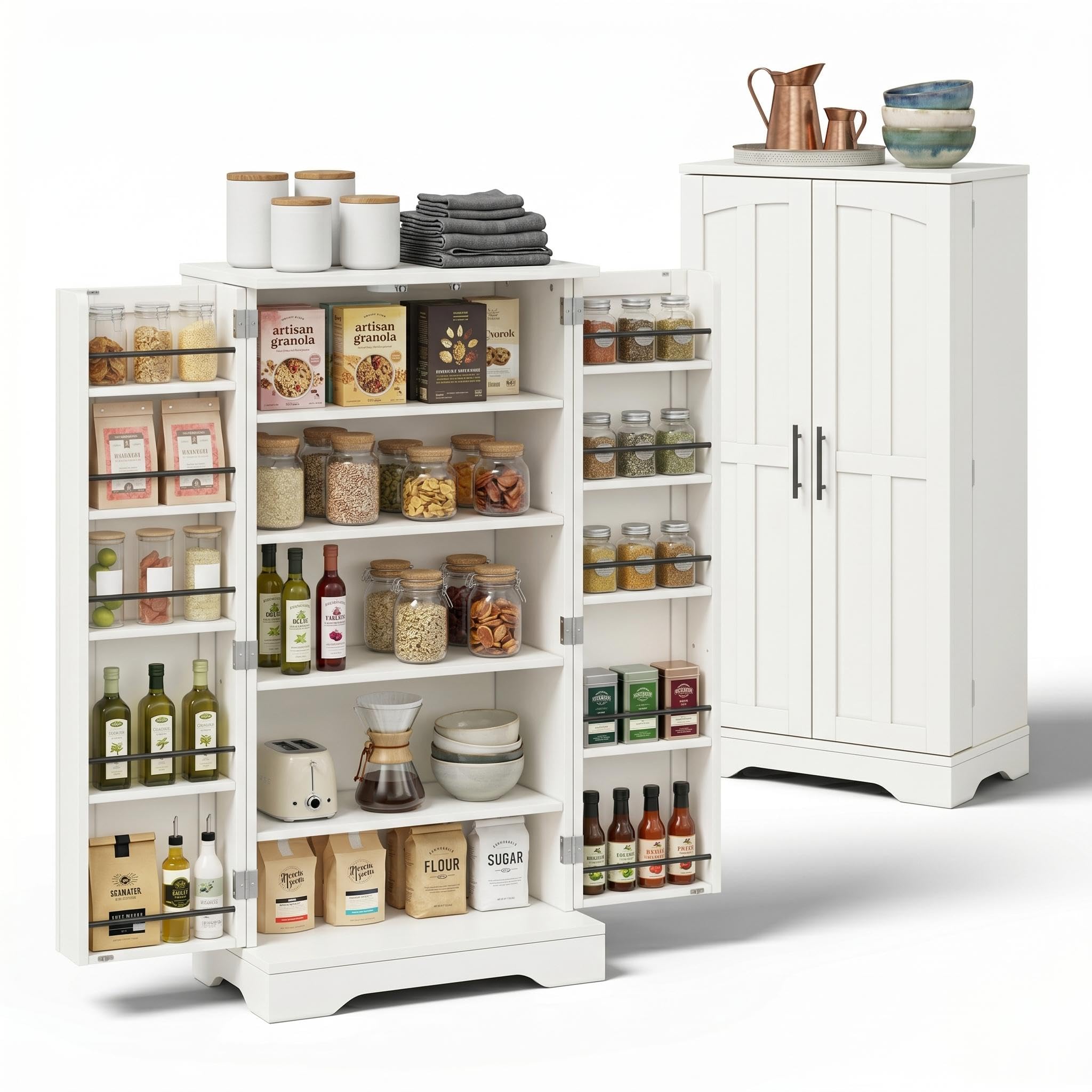 FurnitureR Küchenhochschrank, hoher Küchenschrank 60 x 40 x 120 cm, Weiß, MDF Vorratsschrank mit 2 Türen, LED-Türlicht, für Moderne Küchen, Nischen und Esszimmer, mit Kippschutz zur Wandbefestigung