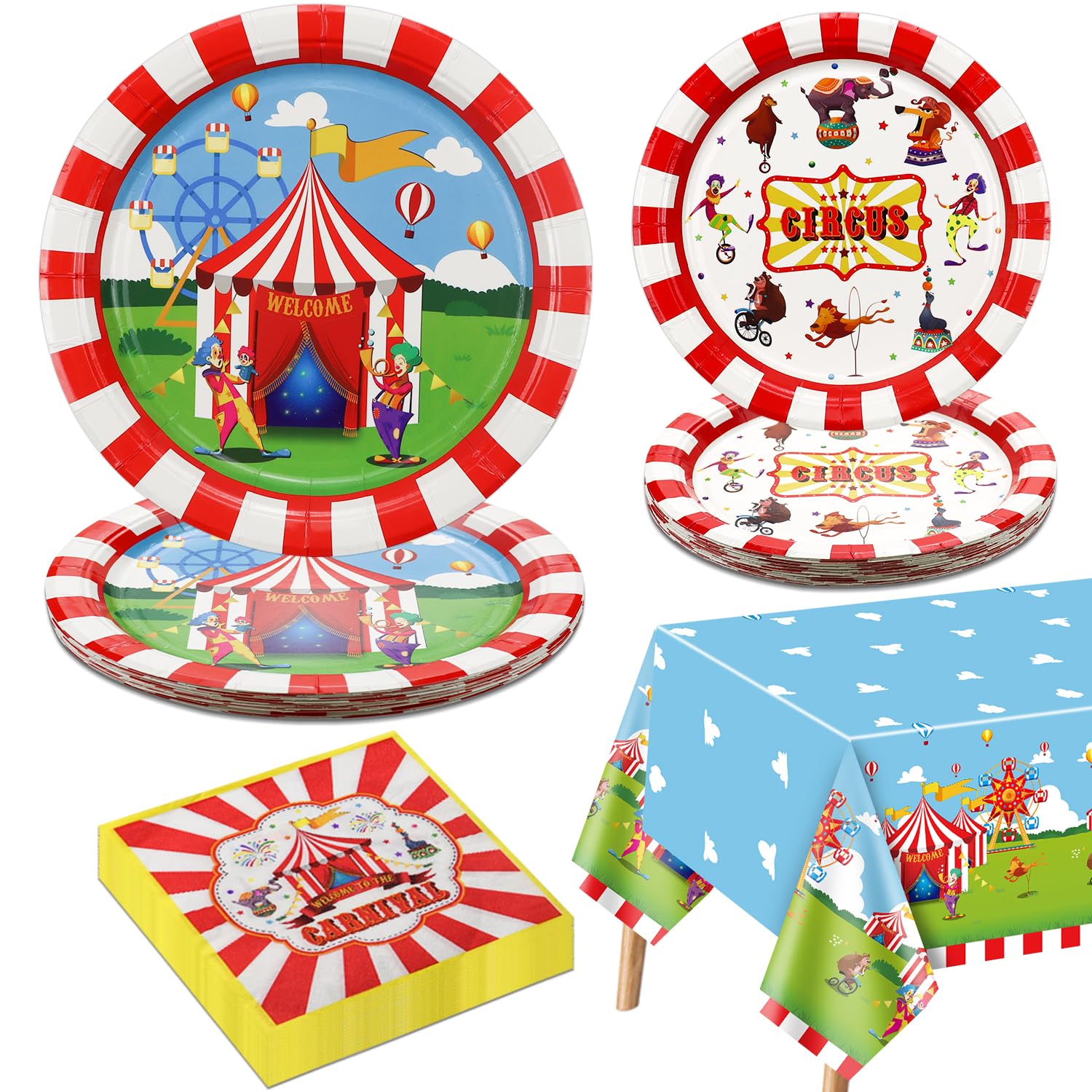 Carnival Party Supplies for 20 Decorations, Circus Tableware Set includes Carnival Paper Plates, Napkins, Welcome to Circus Tablecloth for Circus Carnival Party Decorations, Kids Birthday Party