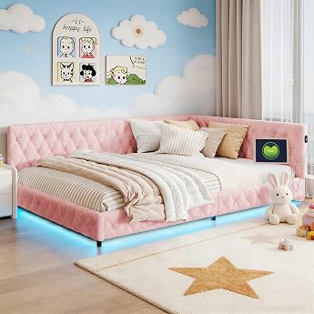 BRILVERDE Upholstered Bed 140 x 200 cm with LED and USB Sofa Bed with Slatted Frame Corner Bed Children's Bed Double Bed for Children and Teenagers Lambswool Without Mattress Pink 140 x 200 cm