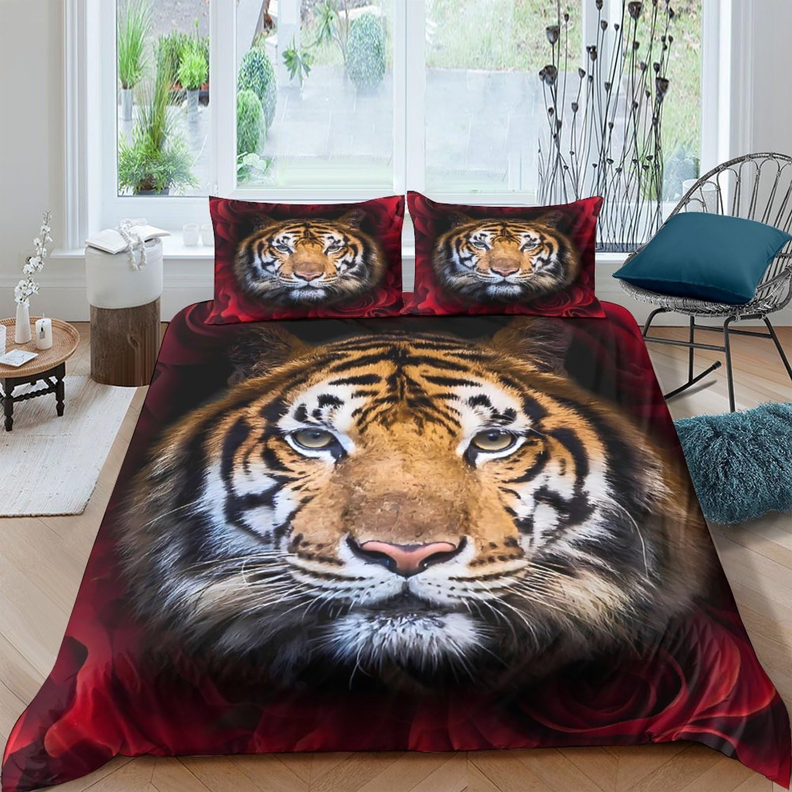 Ctjqhvkz Style-8 3D Printed Tiger Face Fitted Sheet Microfiber Red Wild Animal Bed Cover For Bedroom Dorm Decor Mattress Protection Single（135X200cm）
