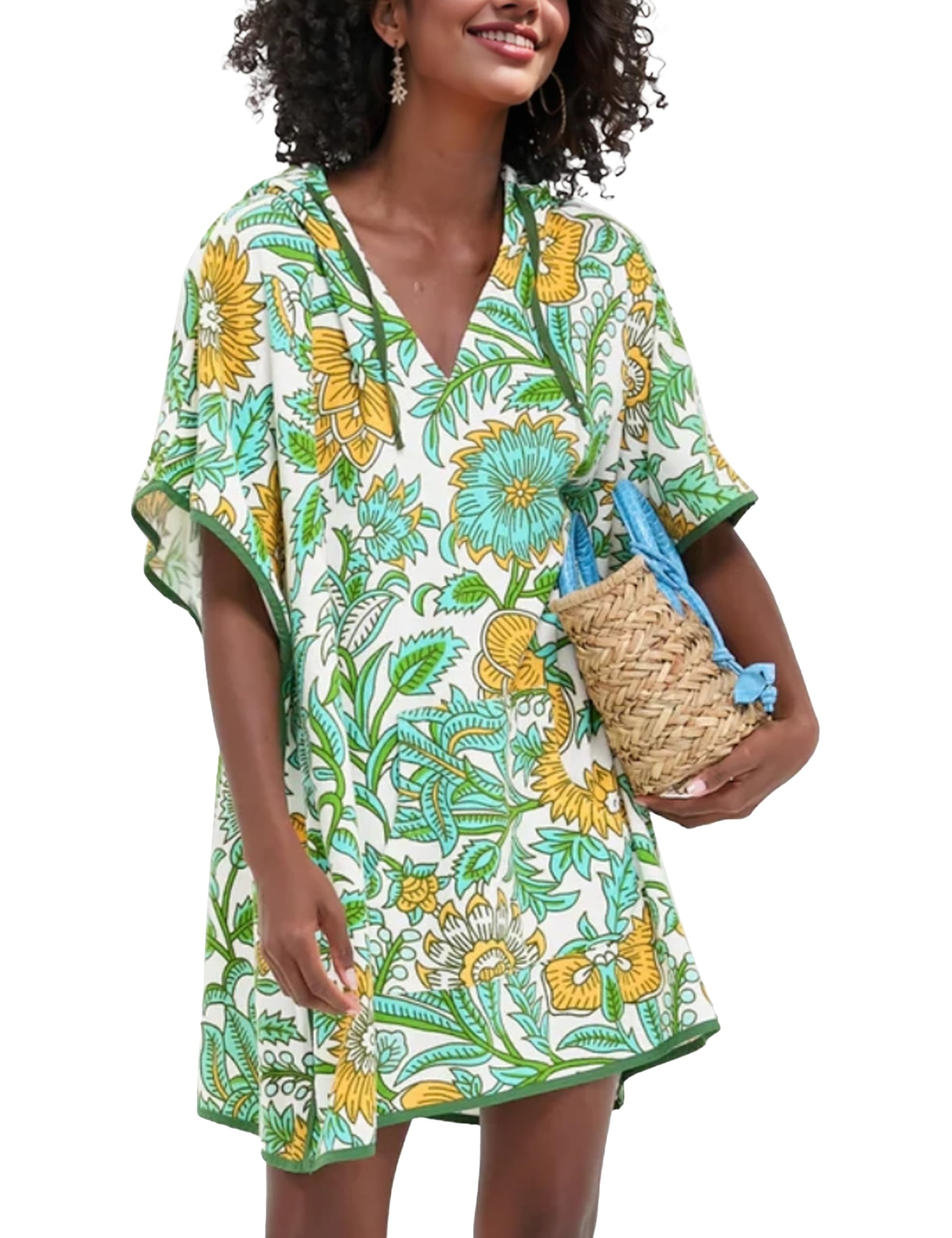 Womens Summer Terry Cloth Beach Swimsuit Cover Up Hooded V Neck Swimwear Dress Resort Wear with Pocket