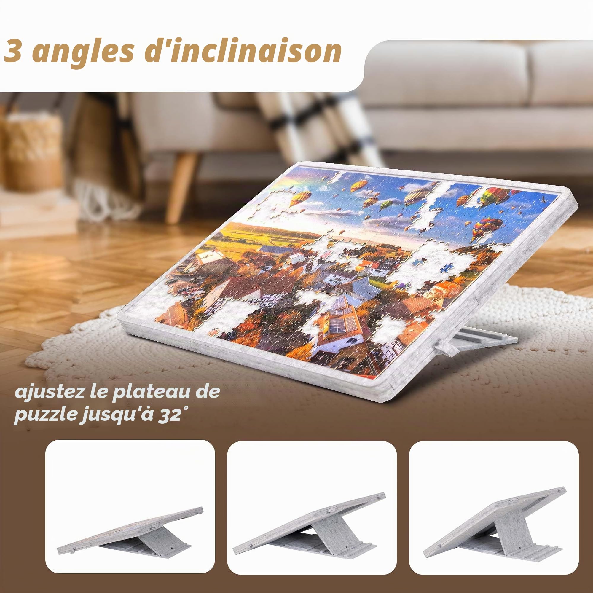 Becko US Planche de puzzle inclinable de 1000 pièces avec 4 tiroirs colorés, couvercle et rangement