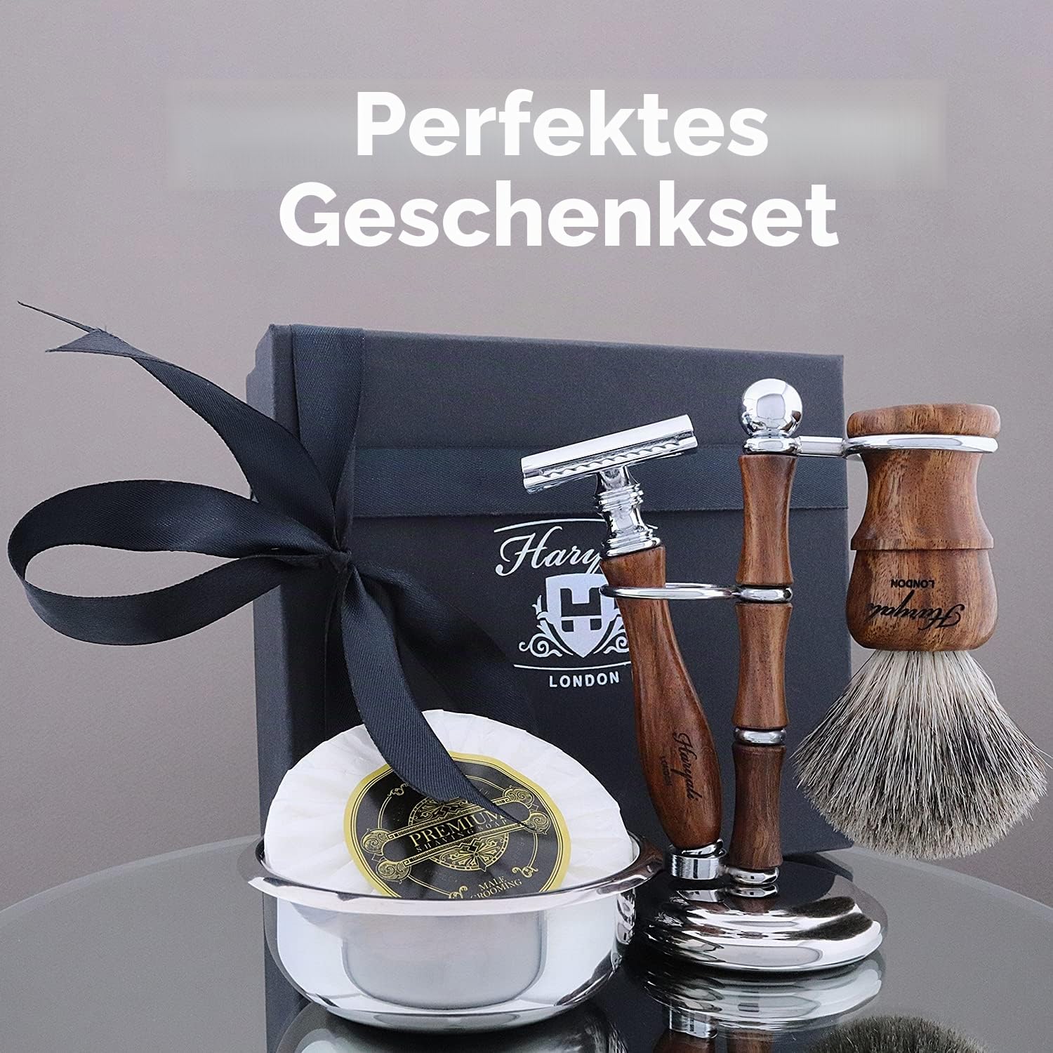 Haryali London Rasierset - 5-teiliges Rasierset aus Holz - Doppelschneidiger Rasierhobel - Rasierpinsel aus Dachshaar - Rasierseife - Rasierschale - Rasierständer - Rasierset als Geschenk Holz