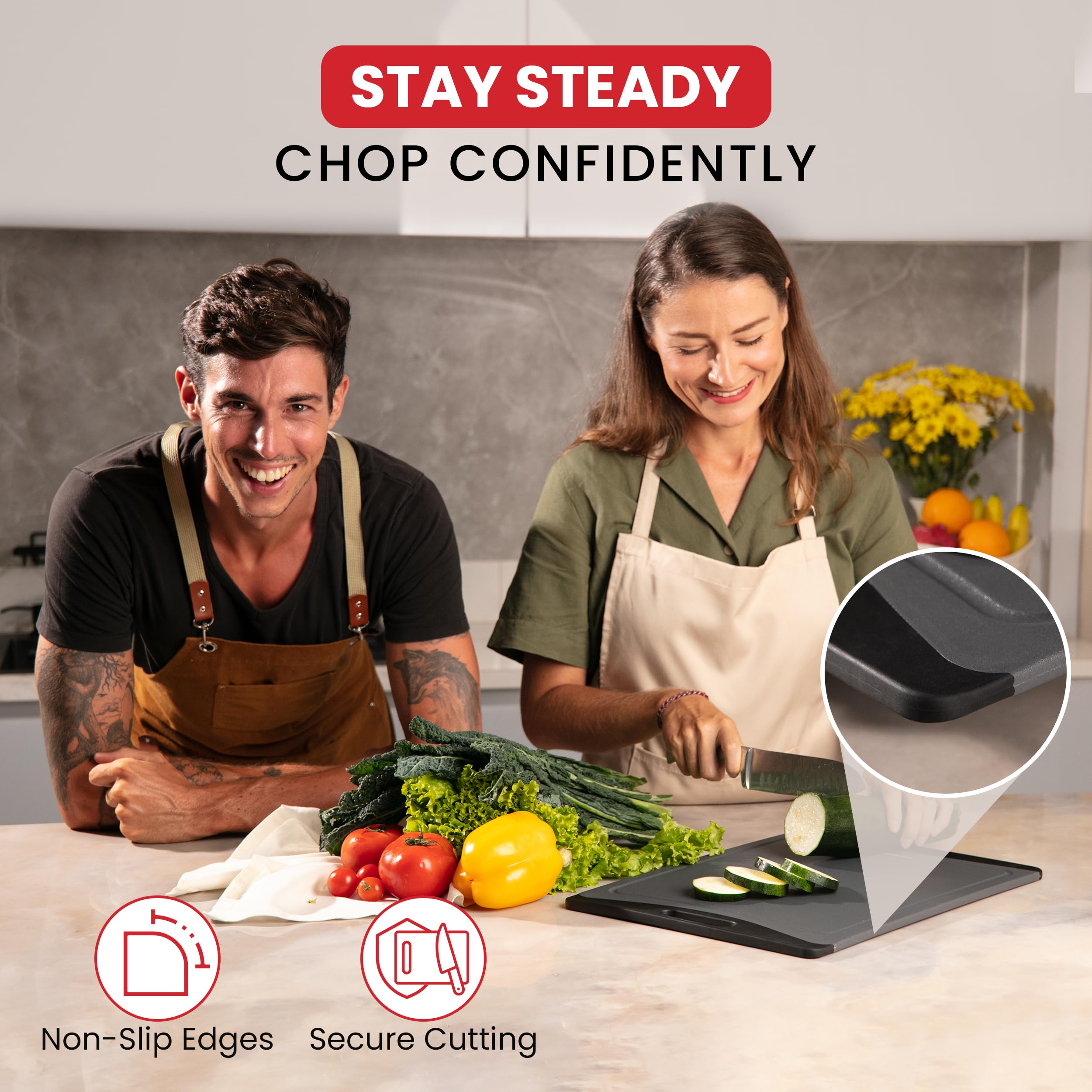 Tablas de cortar de plástico para cocina (gris/negro) - Paquete de 3 tablas de cortar de plástico antideslizantes y reversibles para cortar fácilmente - Juego de tablas de cortar aptas
