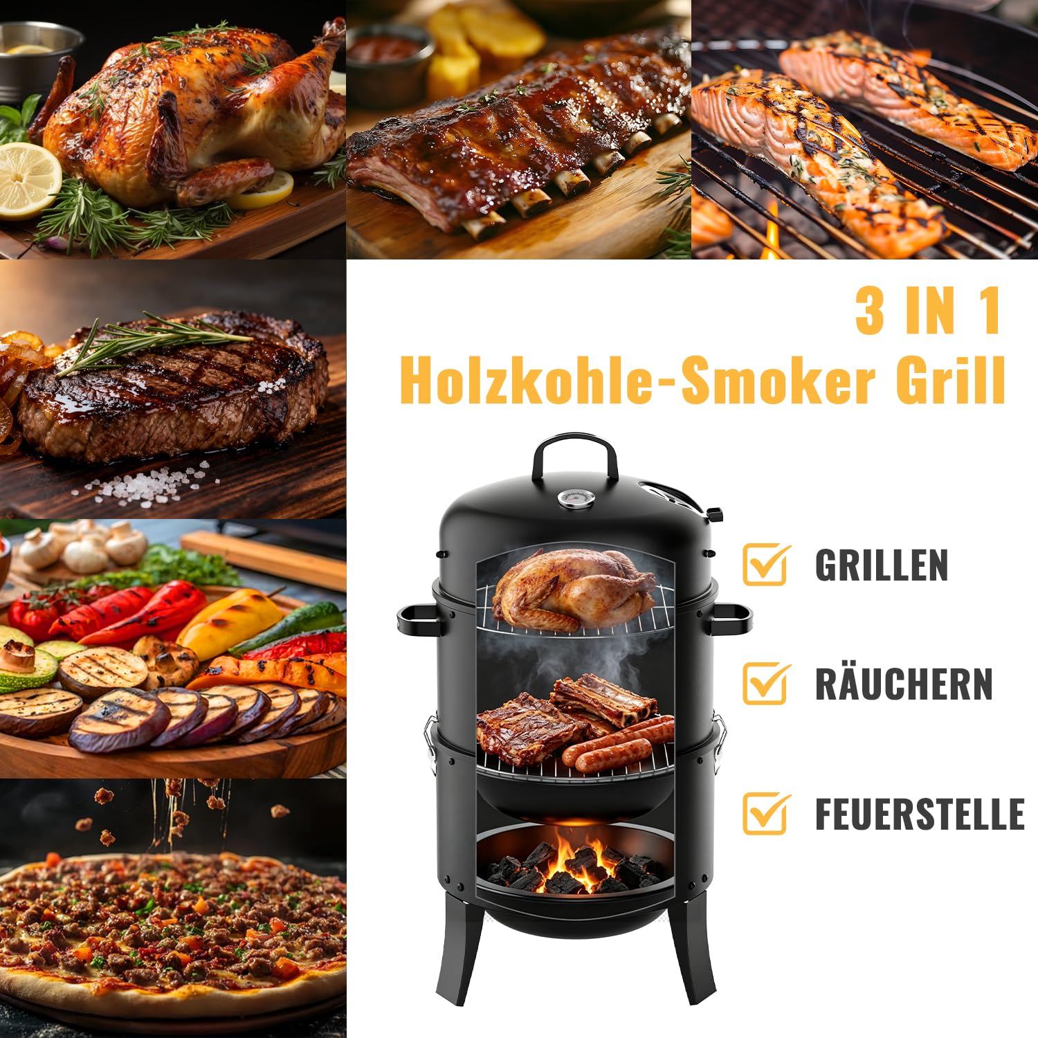 3-in-1 Smoker Grill, Räucherofen und Räuchertonne | Deckelthermometer, verstellbare Luftklappe, als Holzkohle Grill, Smoker und Feuerstelle Outdoor
