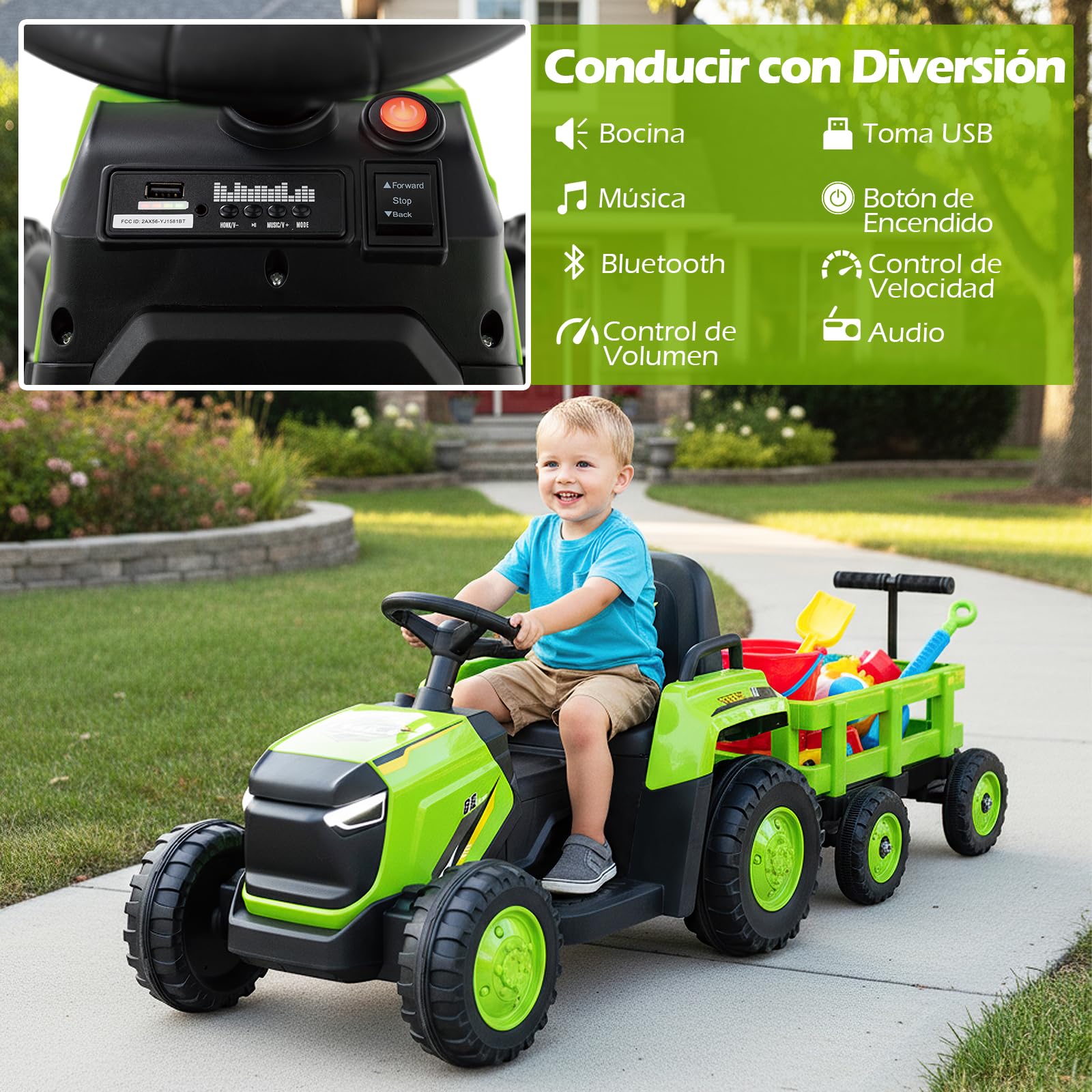COSTWAY Tractor Eléctrico para Niños 12V, Coche Eléctrico para Niños con Remolque Desmontable, Mando a Distancia, Faros LED y Música, Tractor Juguete a Batería para Niño de 3 a 8 Años (Verde)