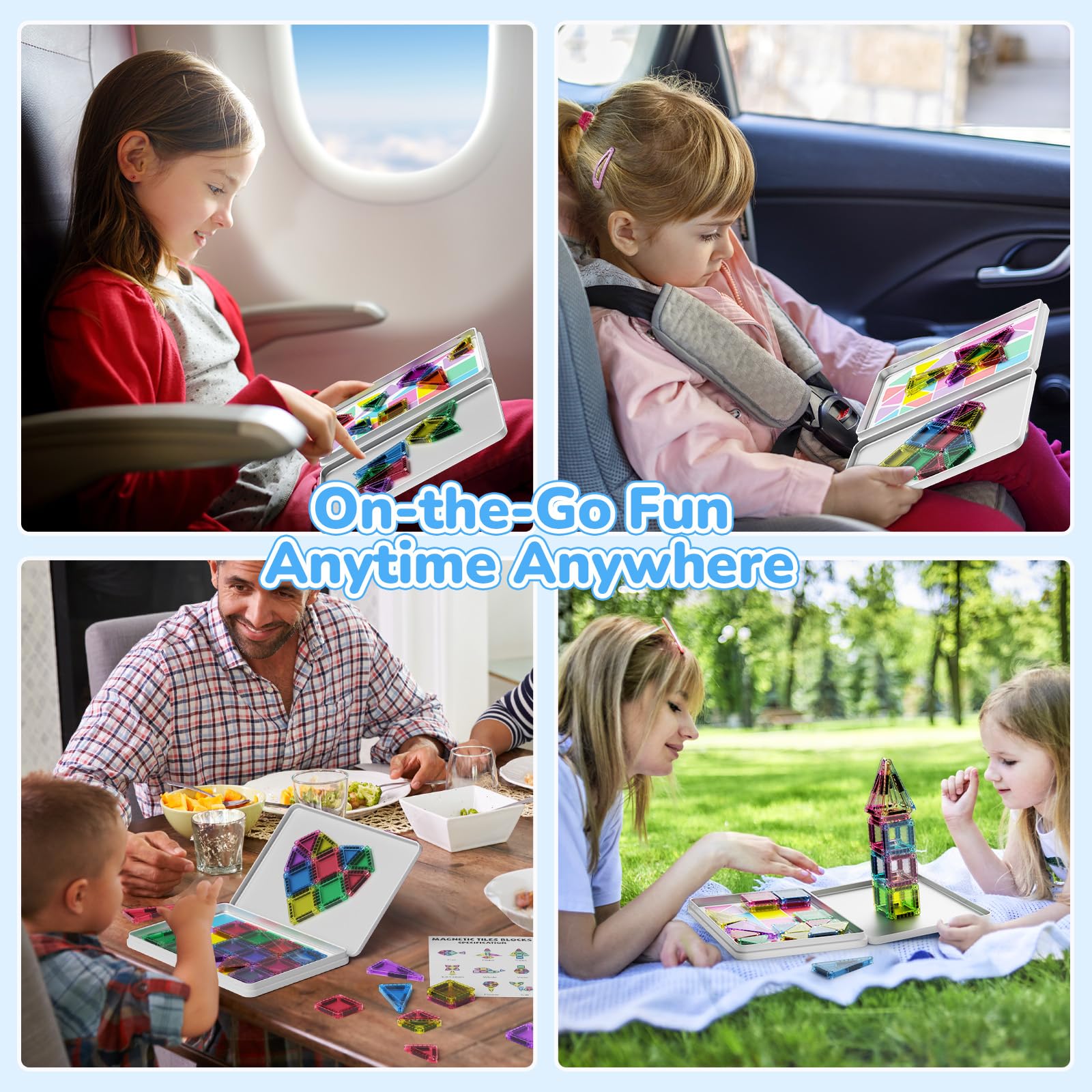 Set di 42 mattonelle magnetiche da viaggio per bambini, portatili, da viaggio, mini piastrelle magnetiche, giocattoli magnetici, scatola da costruzione montessori, giocattolo regalo per bambini di 3+