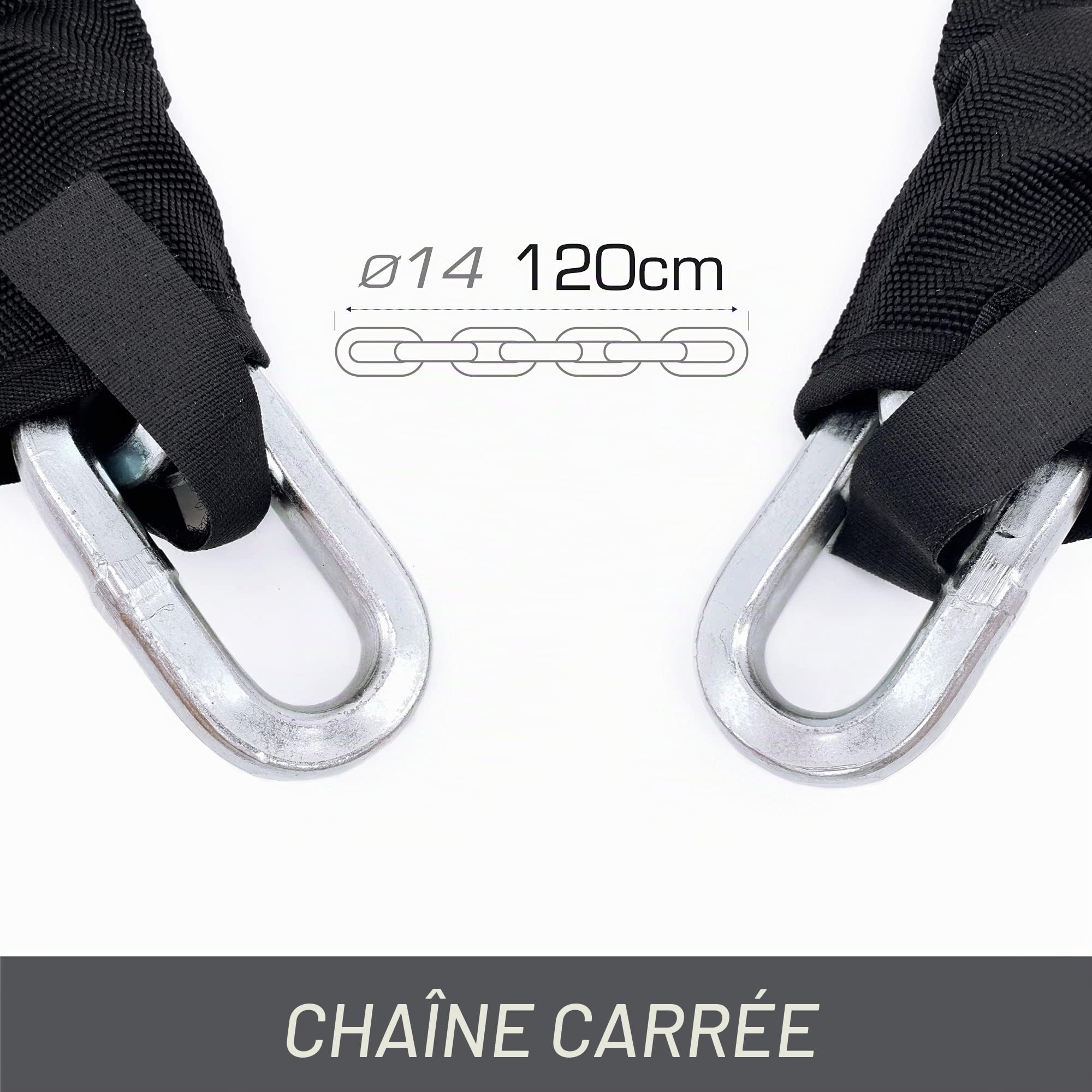 RADIKAL RK7214 Chaîne Carrée Antivol Moto, Double Fonction, 120cm et Mini U Cadenas 14mm + Câble de Rappel