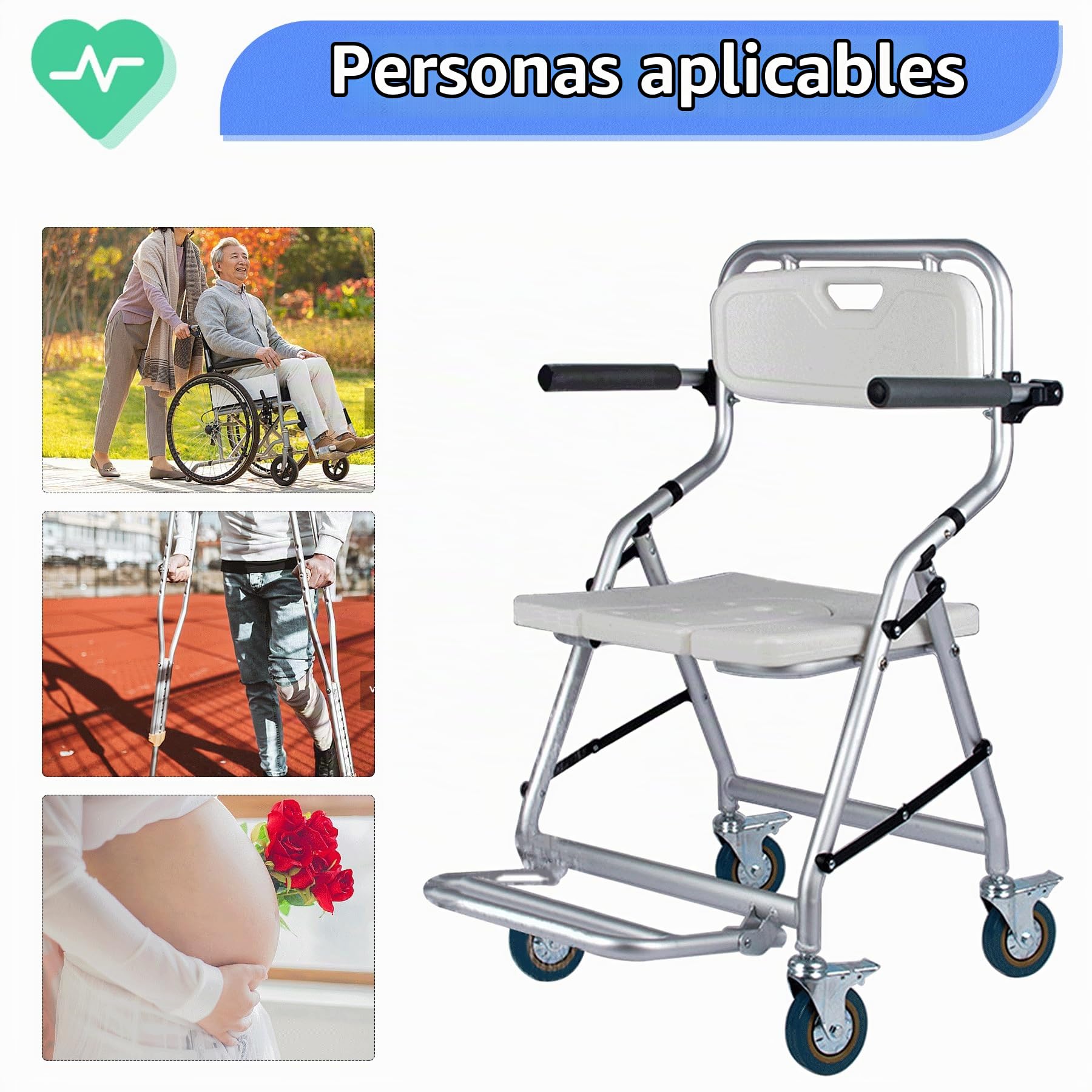 Taburete de Ducha Plegable con Ruedas para Personas Mayores | Taburete de Ducha con Reposabrazos y Respaldo, Sillas de Ruedas para Ducha, Reducir la Actividad para Evitar Lesiones