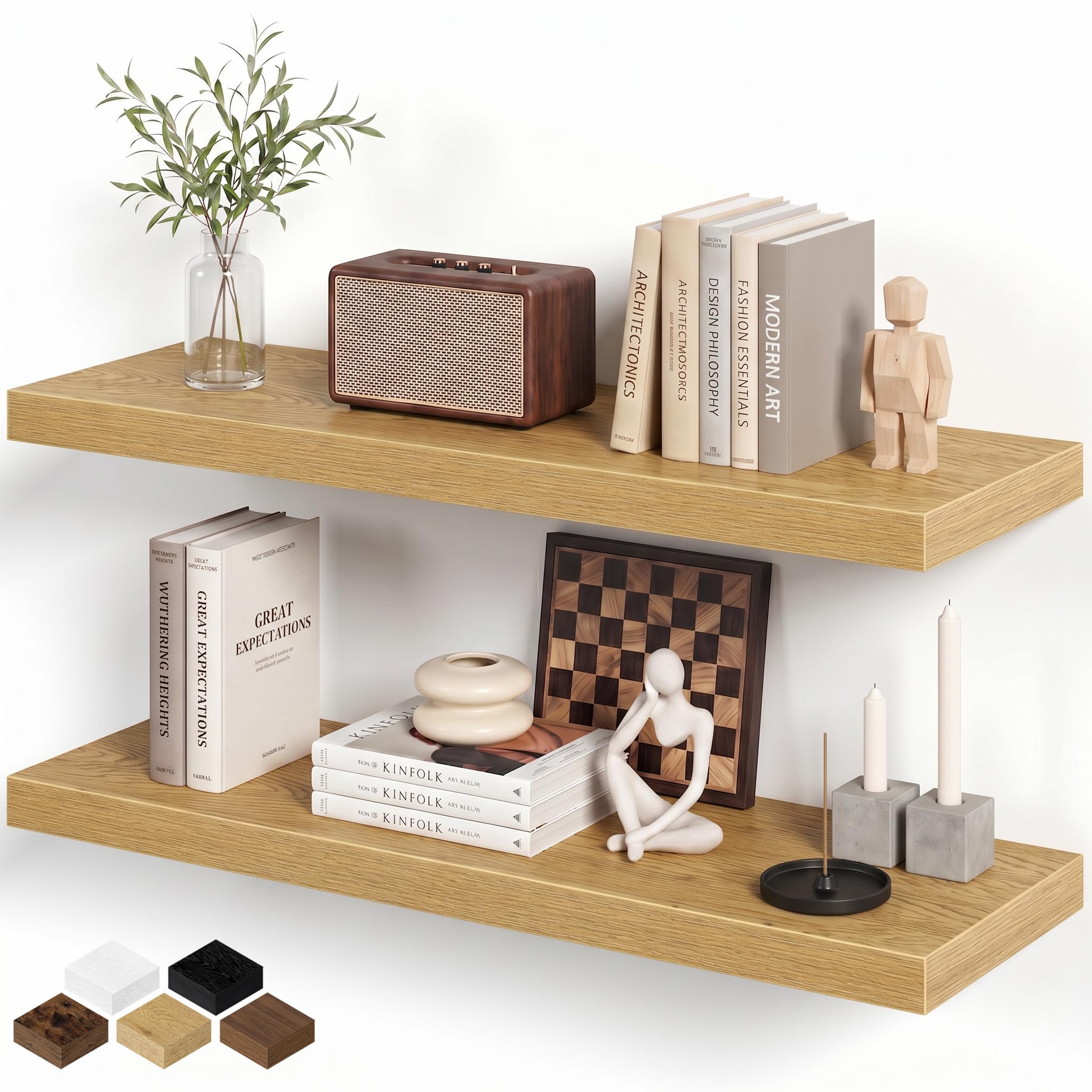 Fun Memories Floating Shelves - 2 Pack 76cm Long Rustic Wooden Wall Shelves - 20cm Deep Wall Mounted Storage Shelf with Invisible Heavy-Duty Brackets for Books, Bathroom, Kitchen - Oak