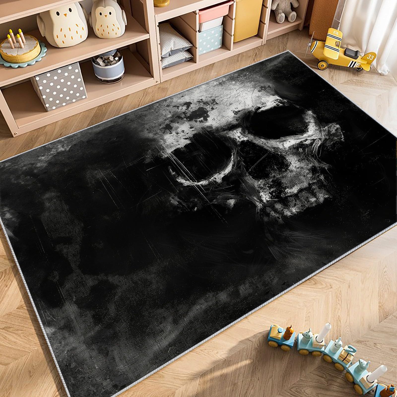 Generic Teppich 80x150 cm, Schwarz, Schädel, Totenkopf Im Dark-Fantasy-Stil, Rutschfest, Flanell, Wohnzimmer