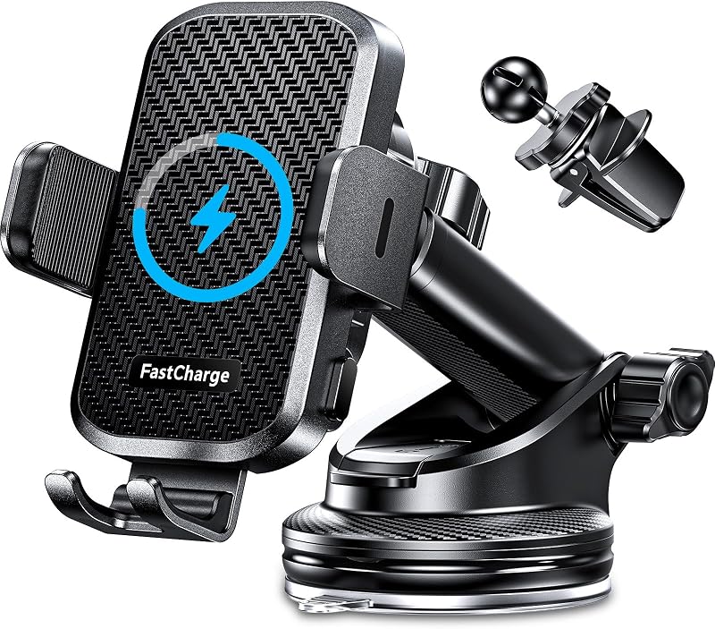 Wireless Car Charger with Phone Holder Mount, 15W Fast Charging Auto Clamping Phone Holders for You Car Windshield Dashboard Air Vent Accessories for iPhone, Samsung Galaxy, Google, etc