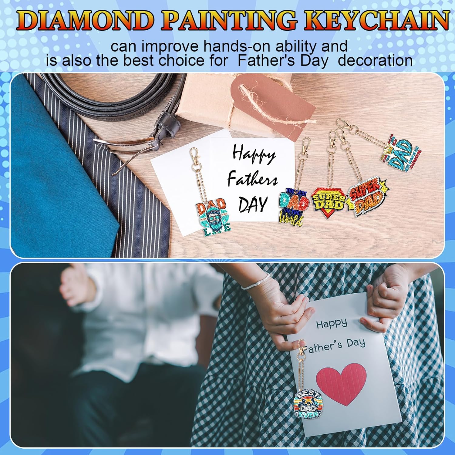 Huquary 24 Sets Father's Day Diamond Art Painting Keychains Kits 5D Dad Diamond Art Keyrings Charm Pendants for Adults Dad DIY Craft Gifts for Father's Day Daddy Birthday Party Favors Bags Decor