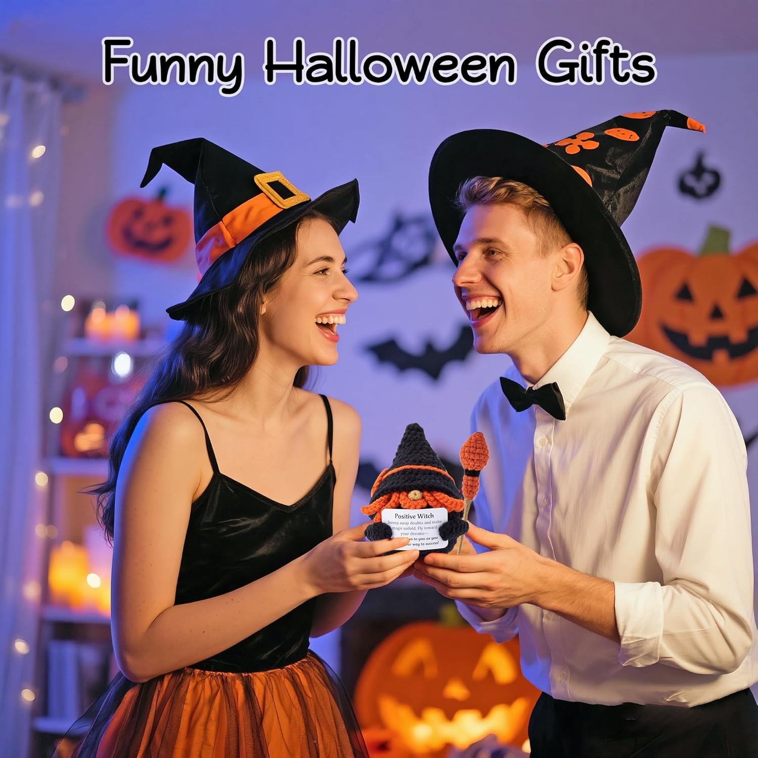 Halloween Positive Crochet Doll - 2 Pcs Witch Broom Handmade Knitted Crochets with Encouragement Card Mini Emotional Support Toy Decorations Funny Craft Gifts for Friends - Image 7