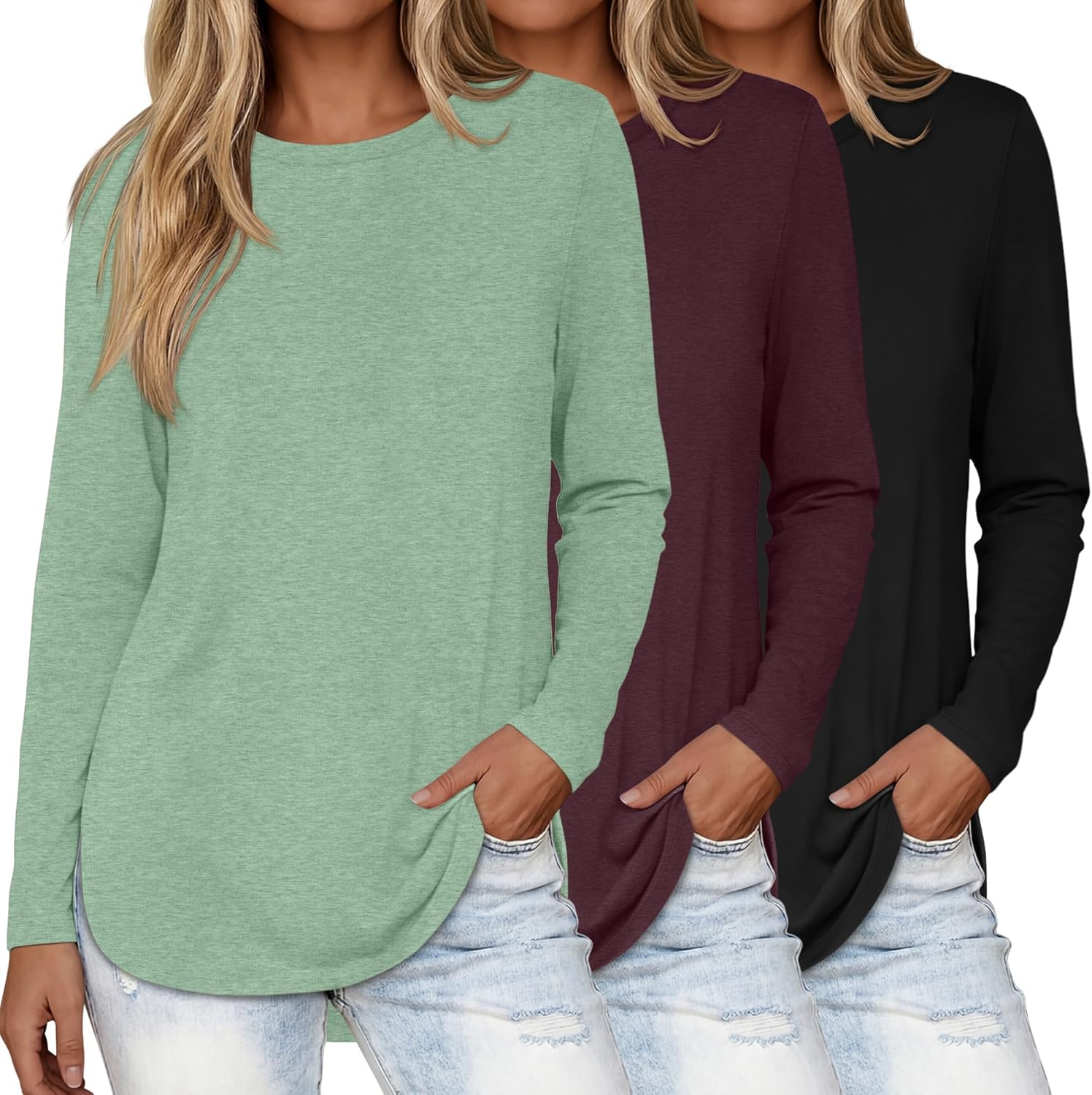 3 Pack Women Long Sleeve Shirts Casual Crew Neck Tunic Tops Side Split Curved Hem Loose Fit T-Shirt 2026 Fashion