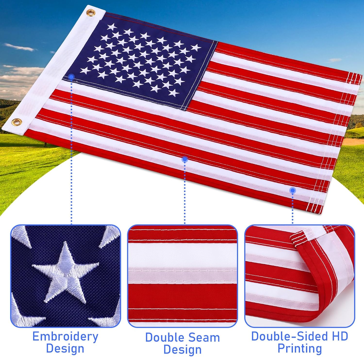 TOBWOLF 2PCS Golf Cart Flags, Adjustable Custom American Flag for Golf Cart with Elastic Strap Bracket, Easy Installation Embroidery American Flags for Golf Cart, Boat, Bike