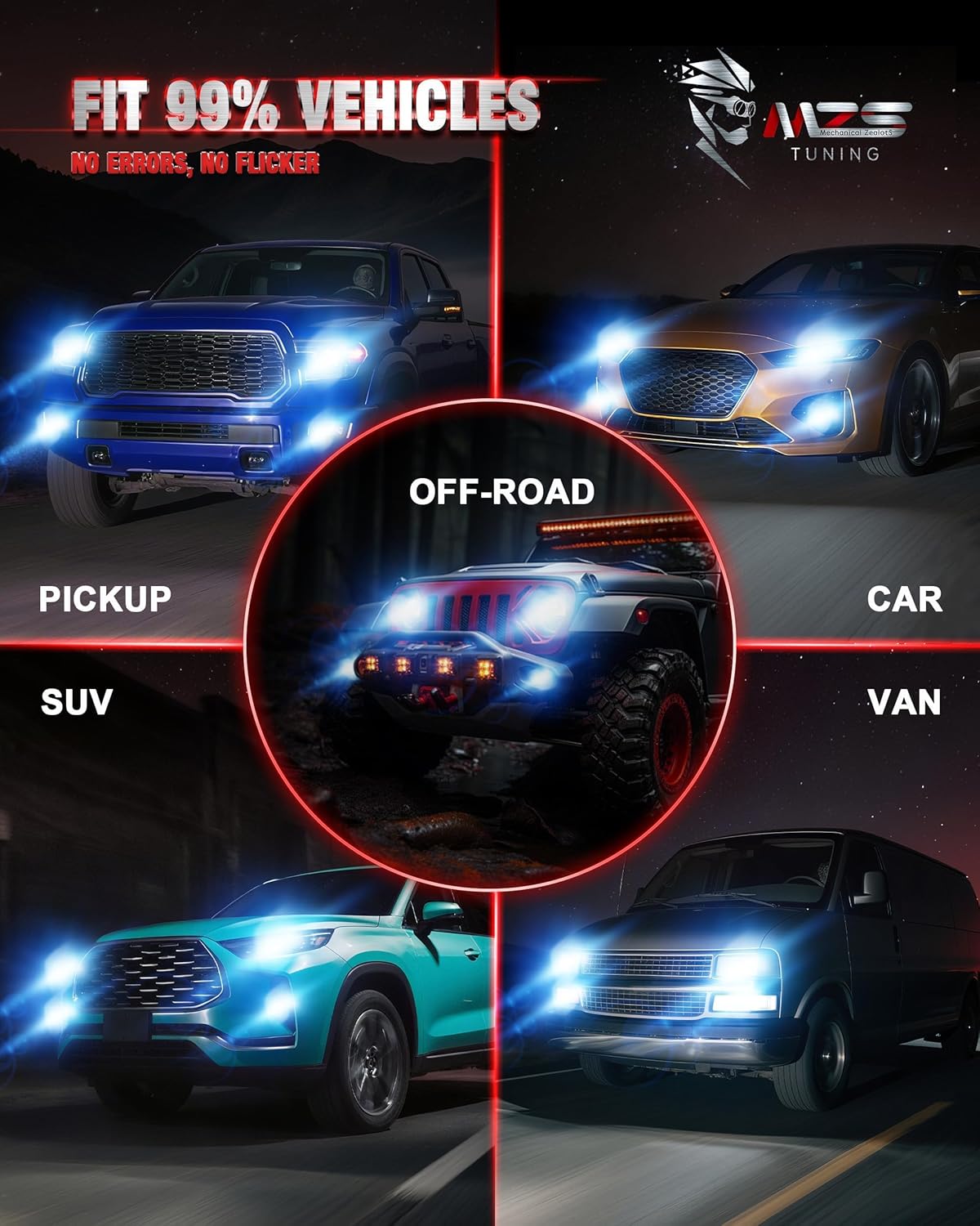 MZS Fit For 2015-2020 F150 Bulbs 2013-2018 Ram 1500 2500 3500 without projector, 500% Brightness 6500K IP68 w/Cooling Fan, Plug & Play, Pack of 6