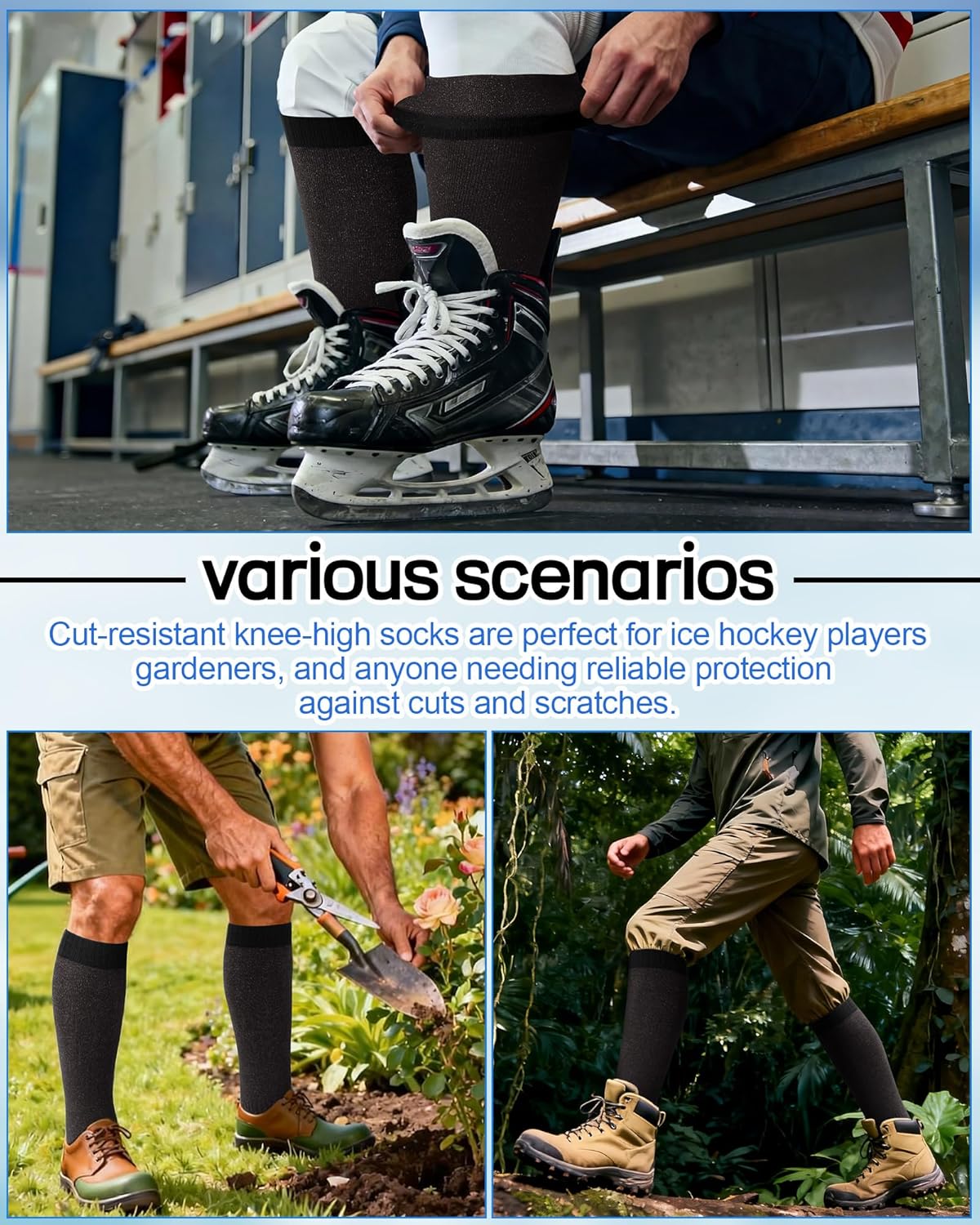 Ramede 5 Pairs Cut Resistant Hockey Socks A5 Level Protection Skate Black Knee Long Socks for Hockey Players Coaches Gardening Work