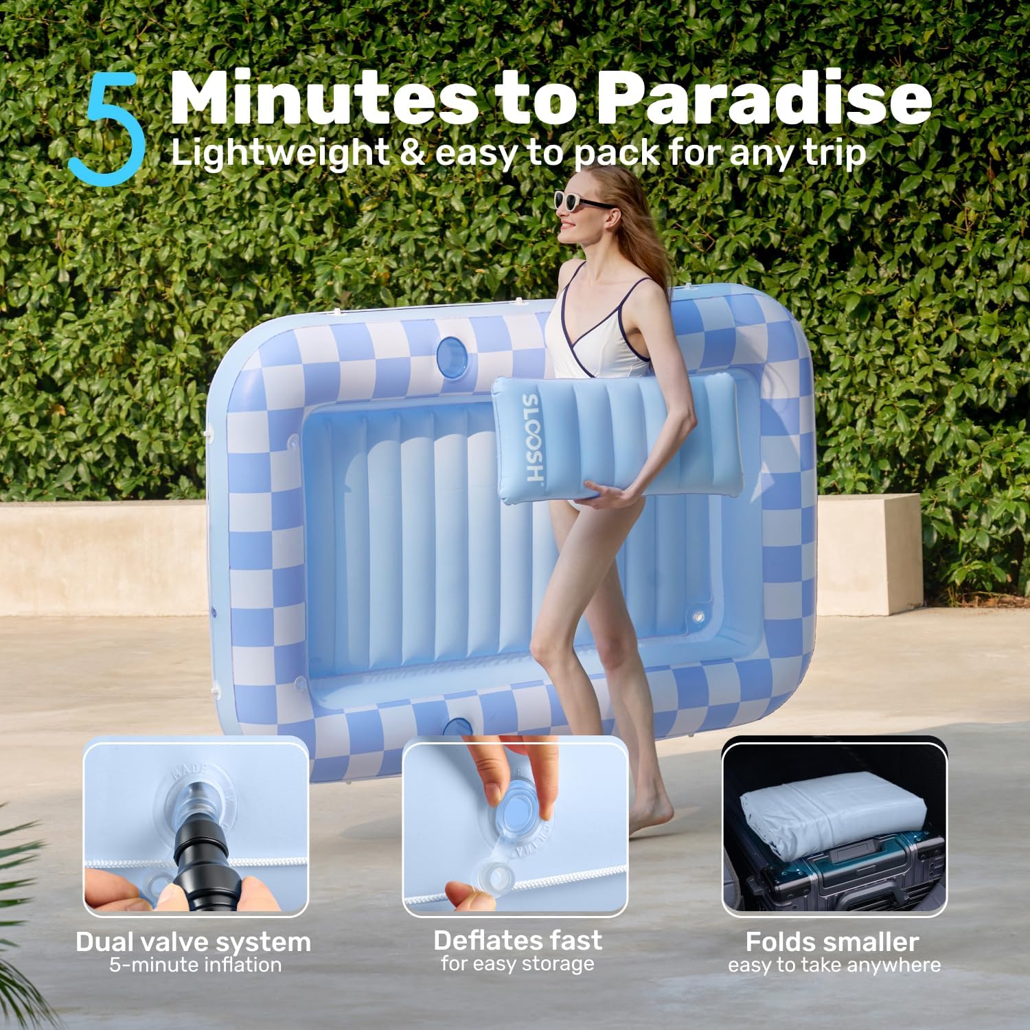 SLOOSH Inflatable Tanning Pool Lounger Float, 70" x 46" Pool Floats Adult with Pillow, 4 in 1 Suntan Tub Raft Floatie,Sunbathing Bed Lounge for Water Blow Up Ball Pit Party Gifts