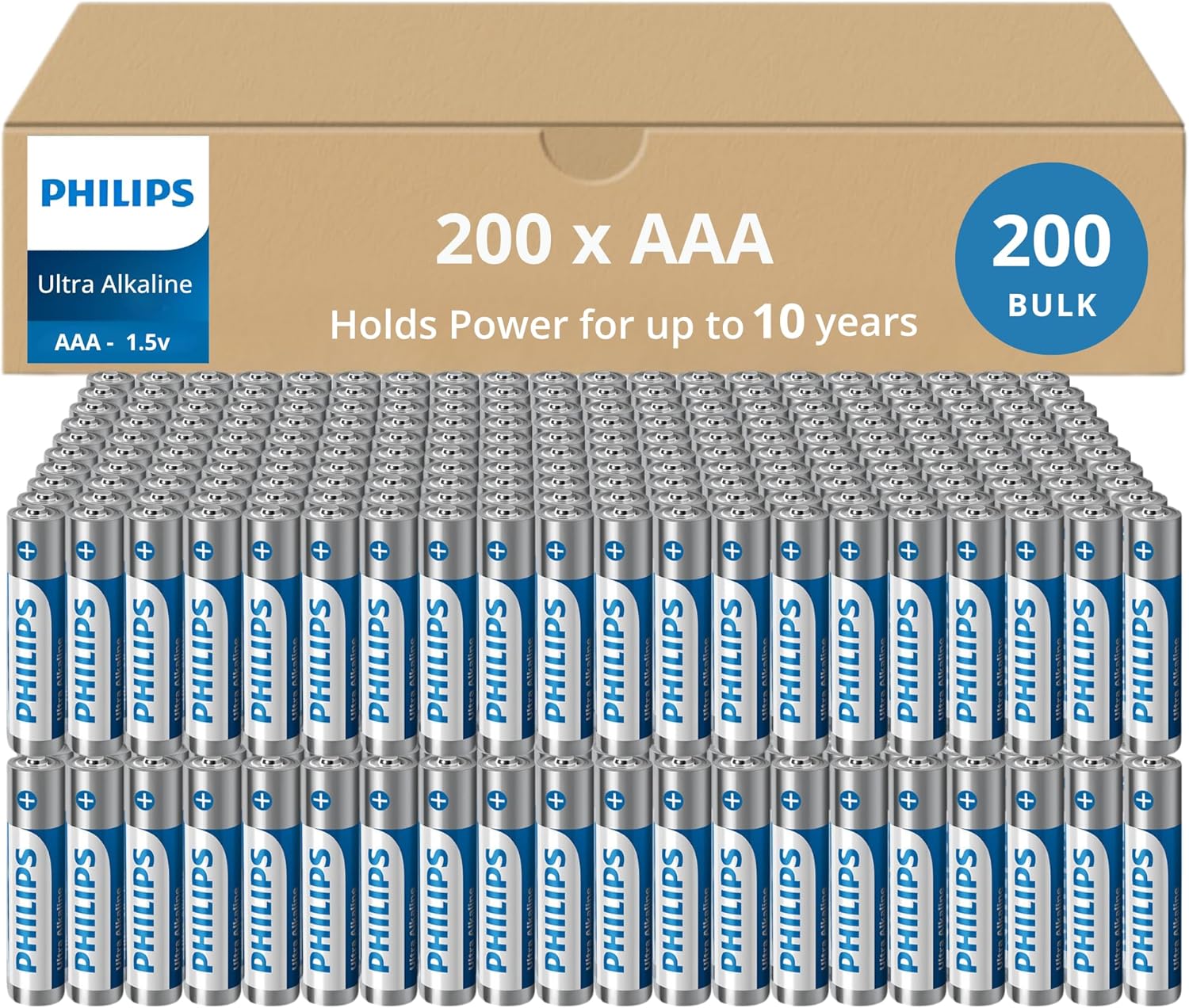 Philips AAA Batteries 200 Bulk Pack, 1.5v Ultra Alkaline Batteries, 10-Year Shelf Life, Long-Lasting AAA Battery, 129% More Power for Your Devices, Leak-Proof, Premium Performance.
