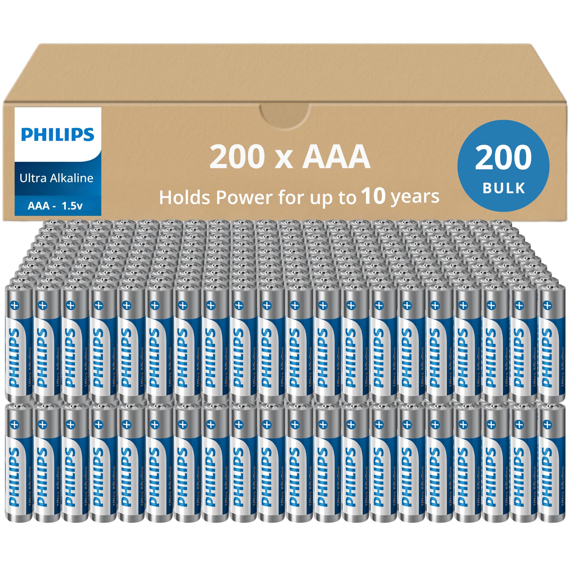PHILIPS AAA Batteries 200 Bulk Pack, 1.5v Ultra Alkaline Batteries, 10-Year Shelf Life