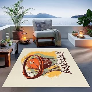 Modern Beige Yellow Hand Painted Basketball Area Rug for Living Room or Bedroom Soft Washable Rug 120 x 180 cm with Non Slip Underside