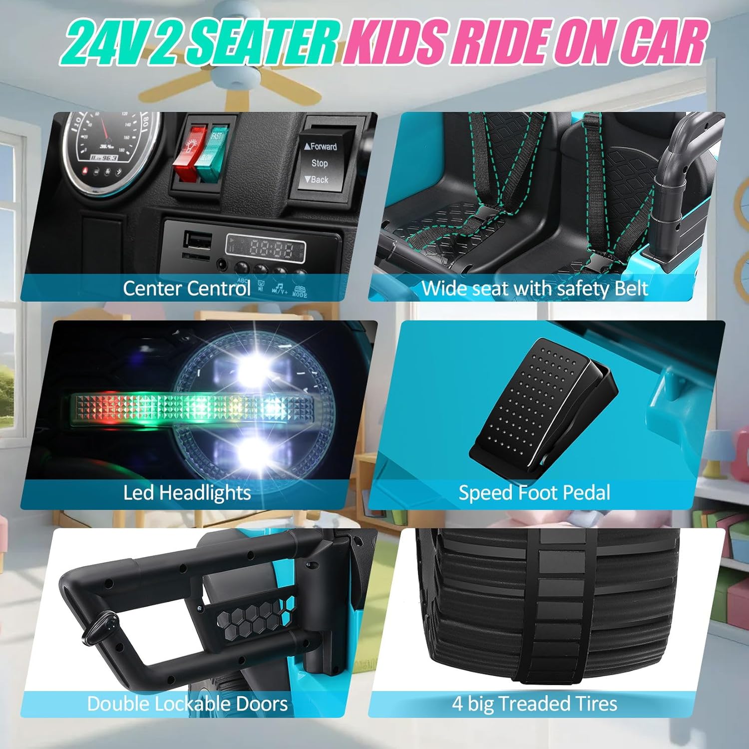 Hikole Two Seater Ride on Cars for Kids, 24V Electric Ride on Toys for Big Kids W/Parental Remote, 4x100W Powerful Wheels, Music, LED Lights, 4WD/2WD Switchable, Battery Powered Car Boys Girls, Blue