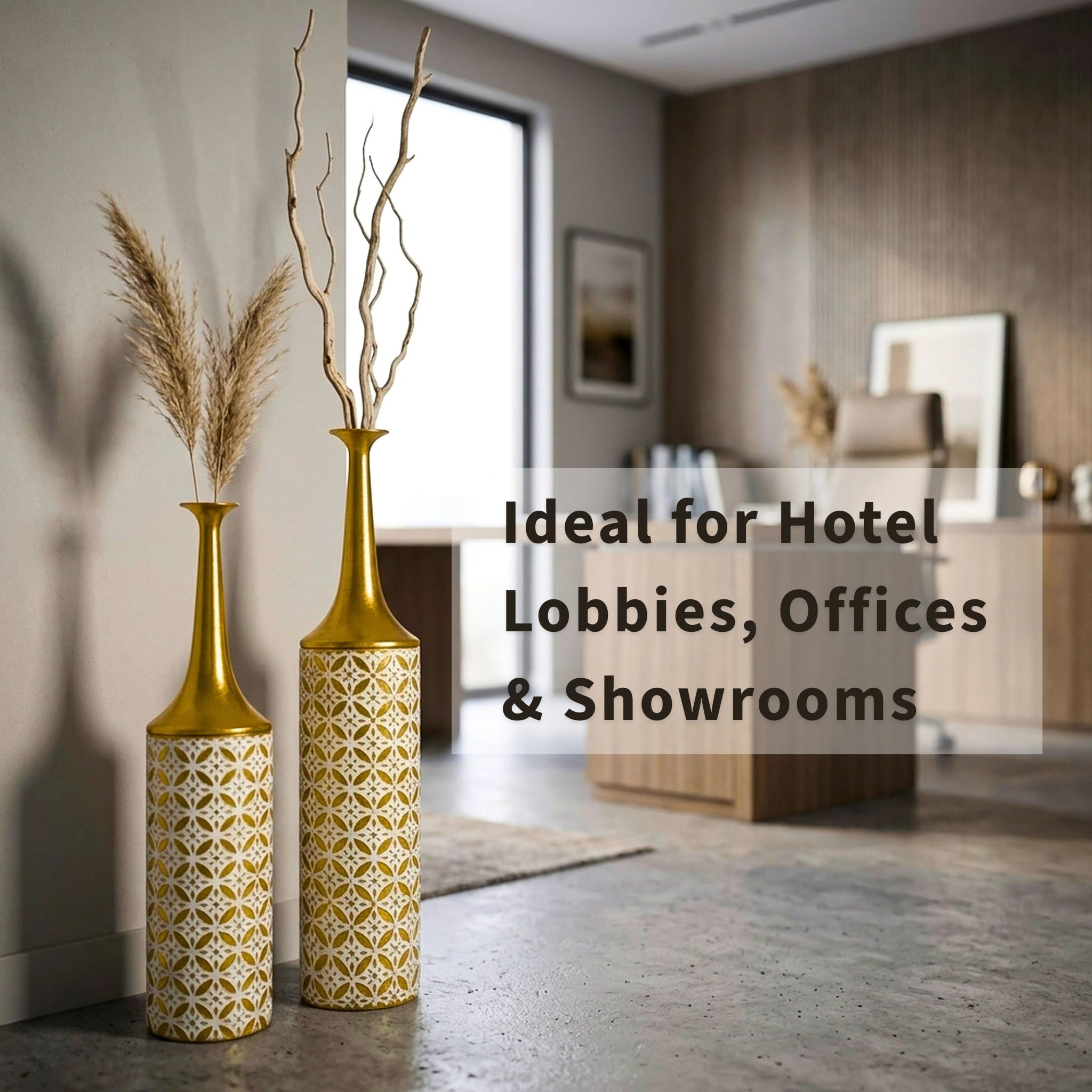 Leewadee Lot de 2 Grands Vases sur Pied Métal pour Pampa | 2 Vases Déco pour le Salon, en paire près cheminée & TV pour Pampa & branches. Incassable, sans éclats