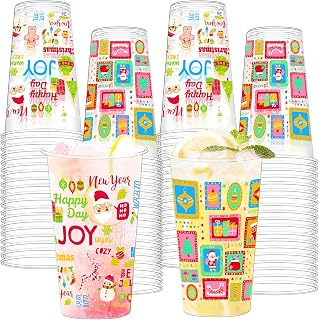 50 Pcs Christmas Plastic Cups, 16 Oz Christmas Disposable Clear Drinking Cups for Hot Cold Drinks,Coffee, Beer, Ice Cream, Snacks, Xmas Winter Party Decor Supplies Xmas Party Favors